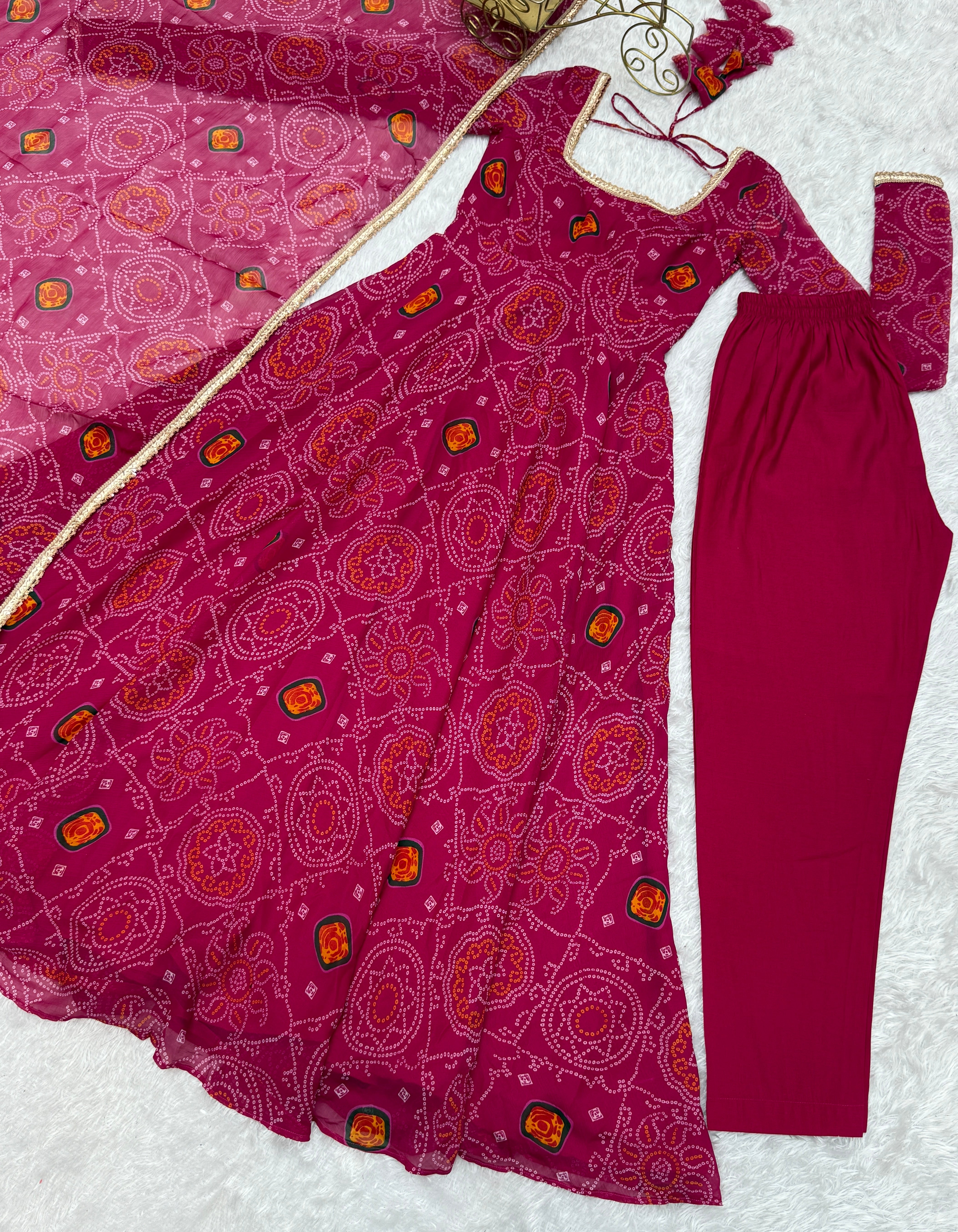 Stylish Pure Chiffon Intricate Bandhej Printed Anarkali Pant Suit