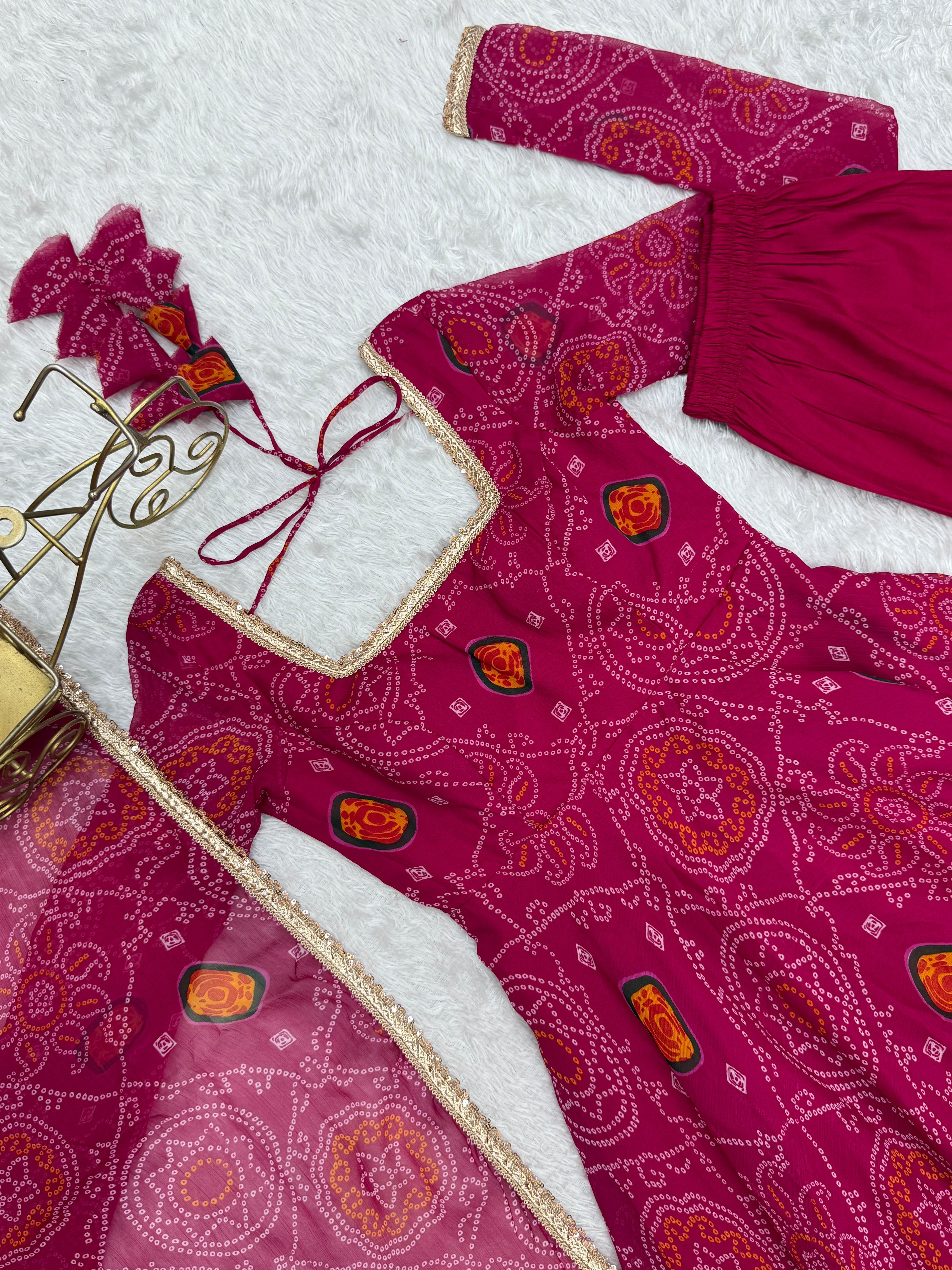 Stylish Pure Chiffon Intricate Bandhej Printed Anarkali Pant Suit