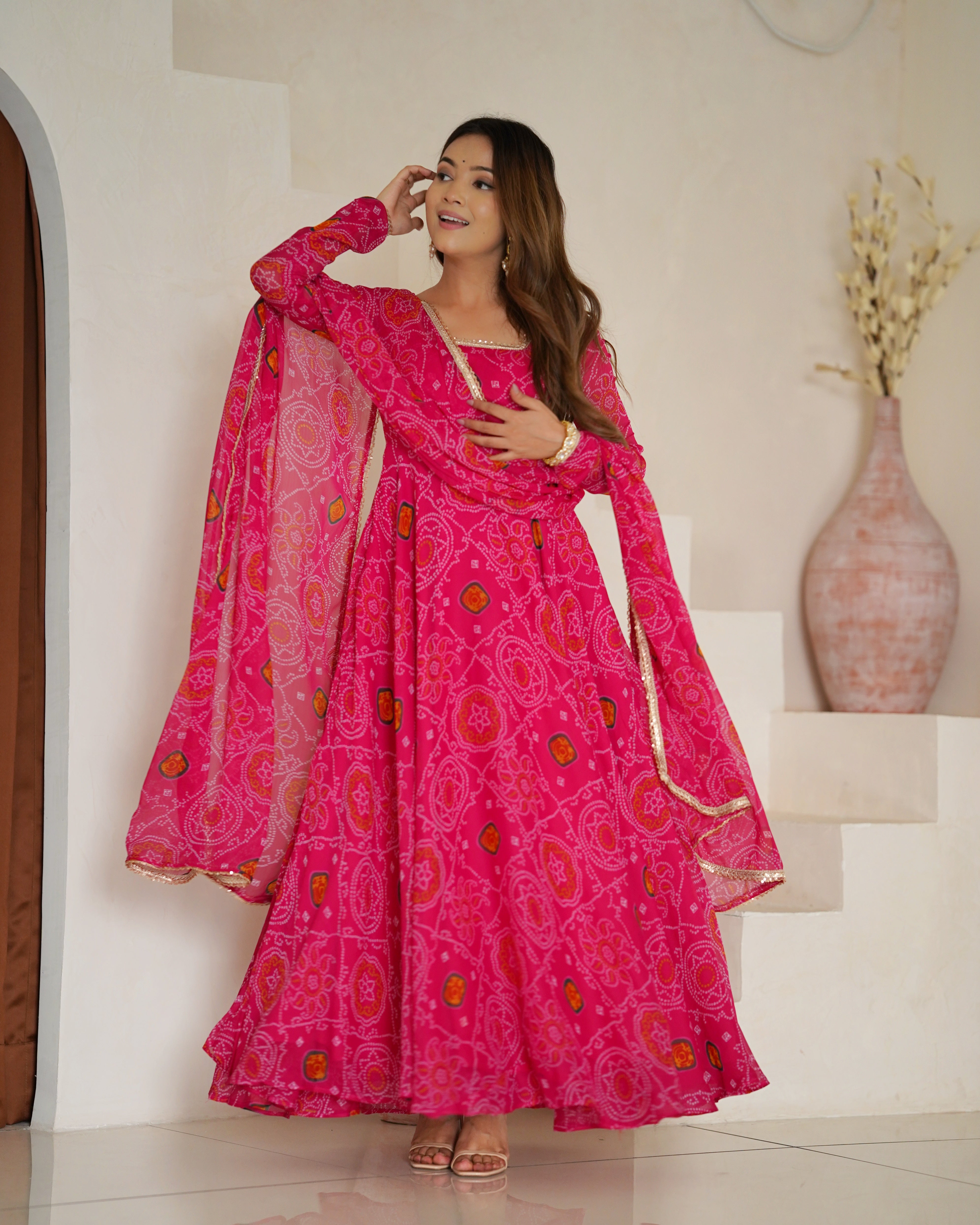 Stylish Pure Chiffon Intricate Bandhej Printed Anarkali Pant Suit