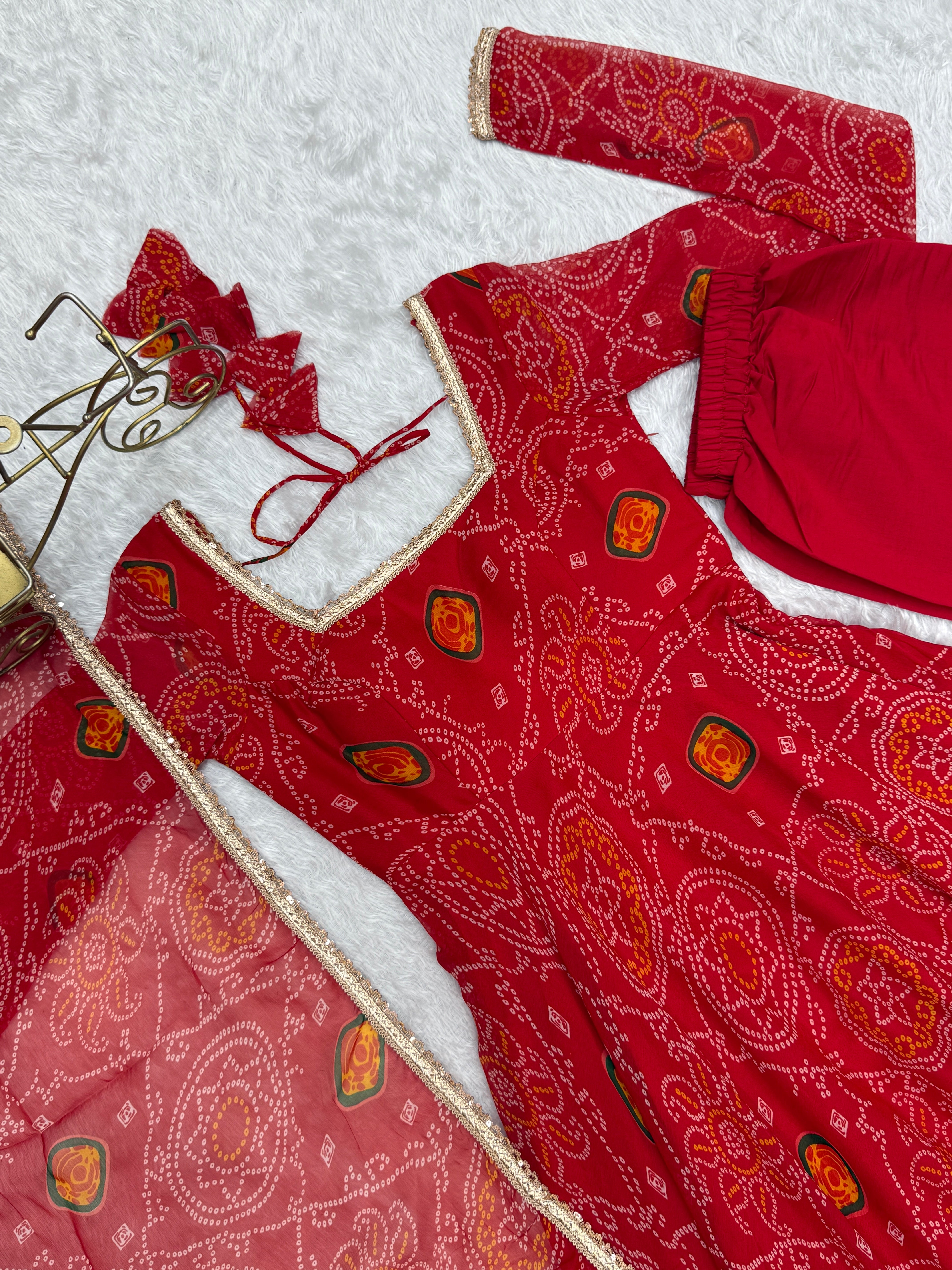 Stylish Pure Chiffon Intricate Bandhej Printed Anarkali Pant Suit