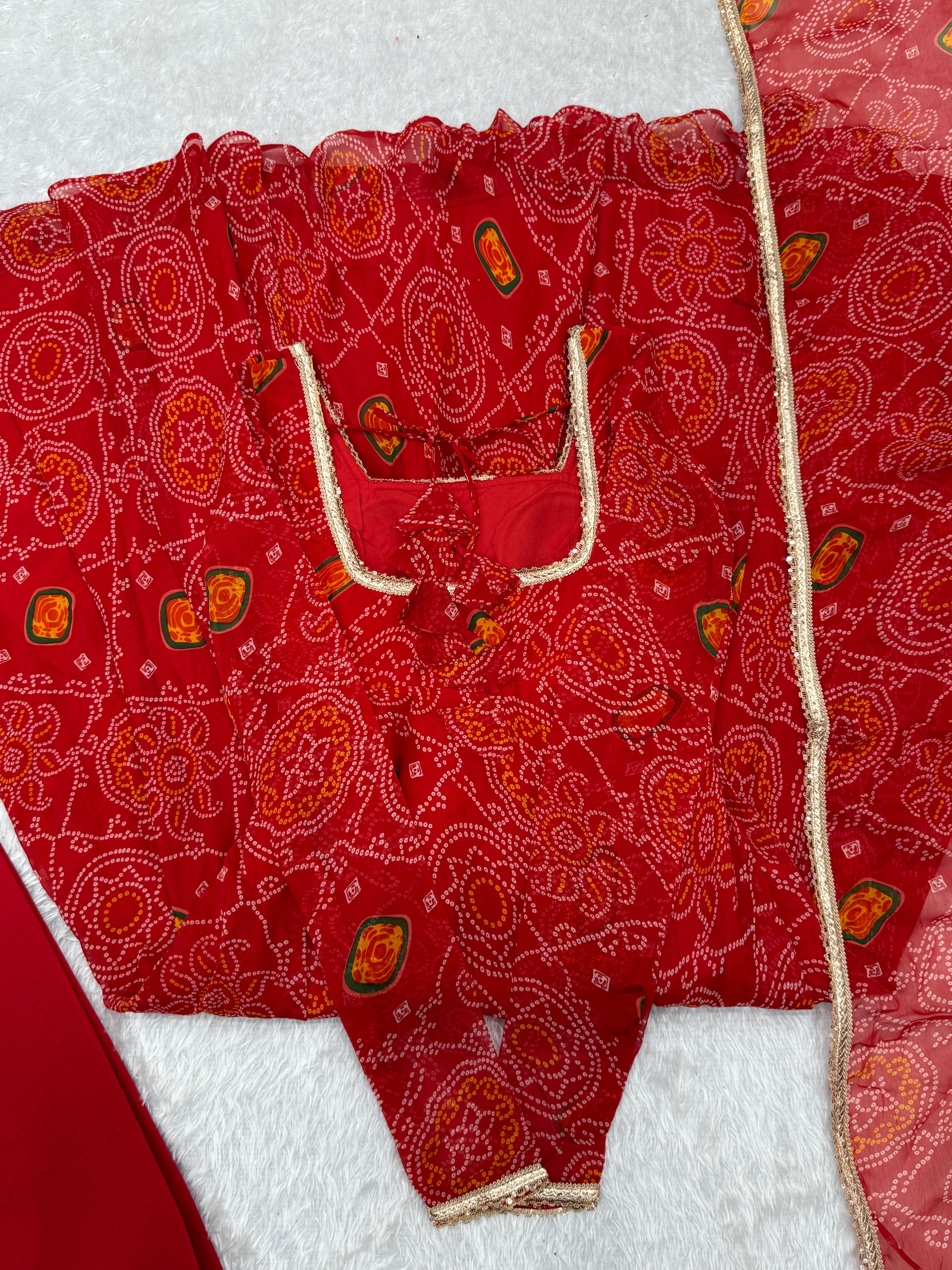 Stylish Pure Chiffon Intricate Bandhej Printed Anarkali Pant Suit