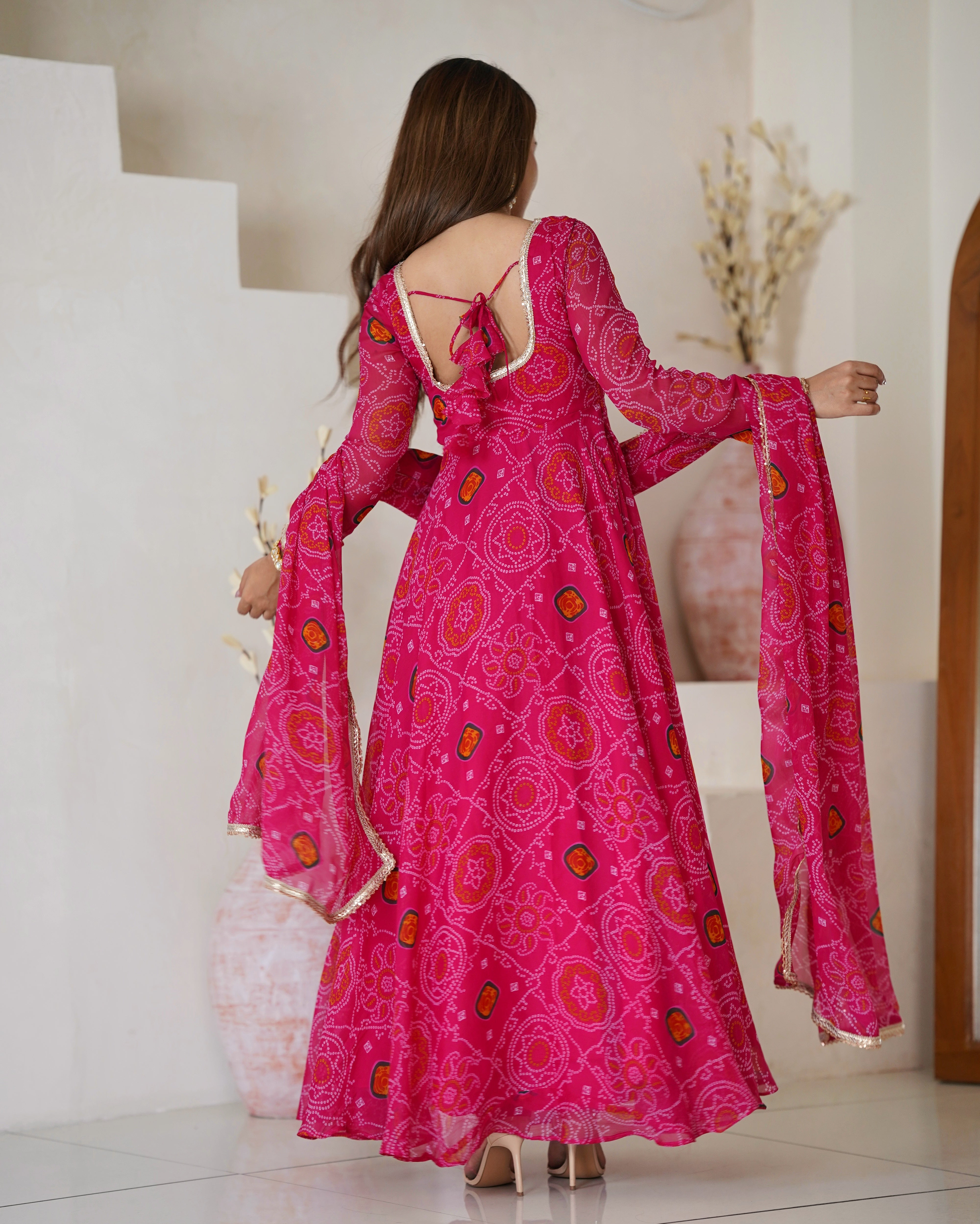 Stylish Pure Chiffon Intricate Bandhej Printed Anarkali Pant Suit