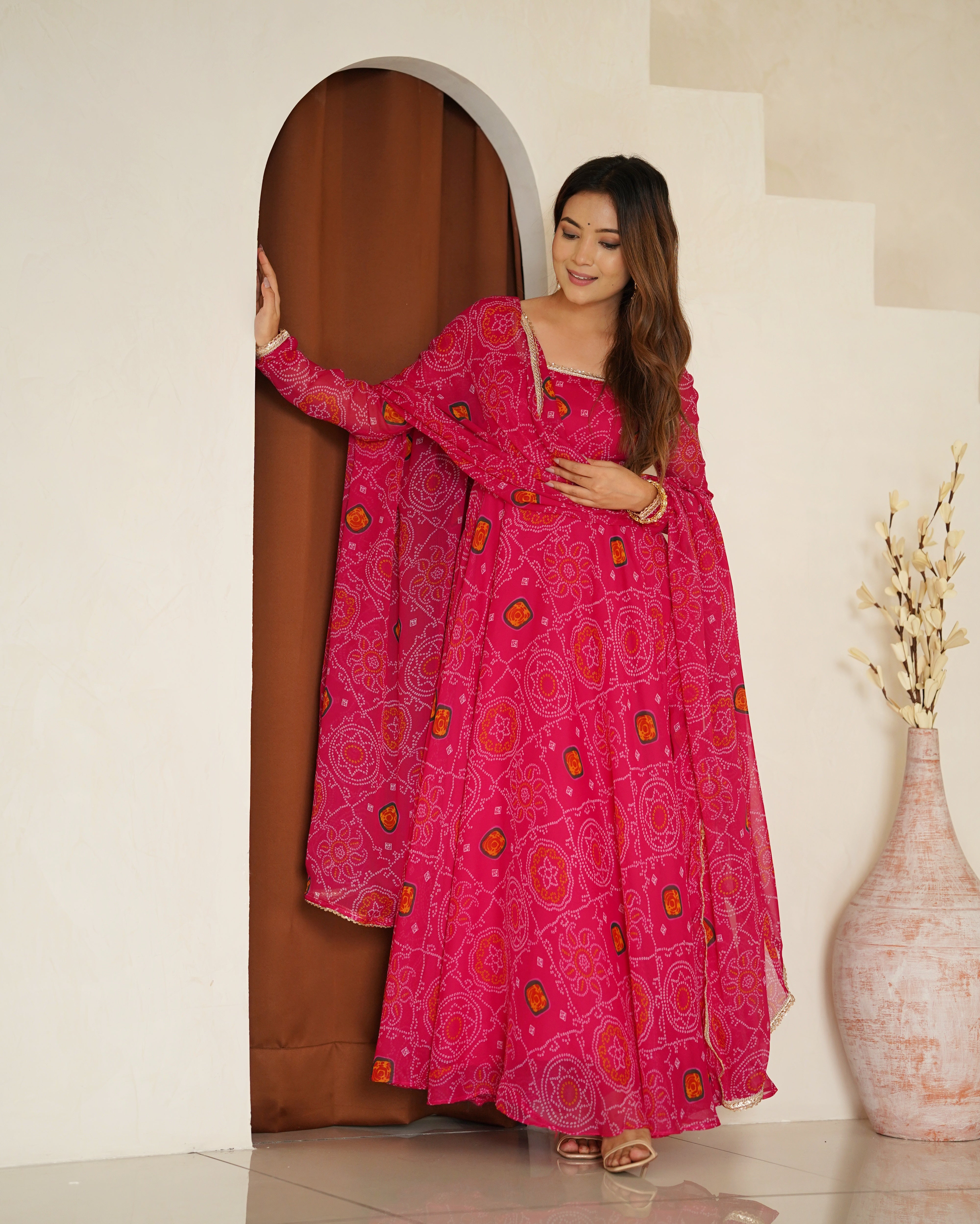 Stylish Pure Chiffon Intricate Bandhej Printed Anarkali Pant Suit