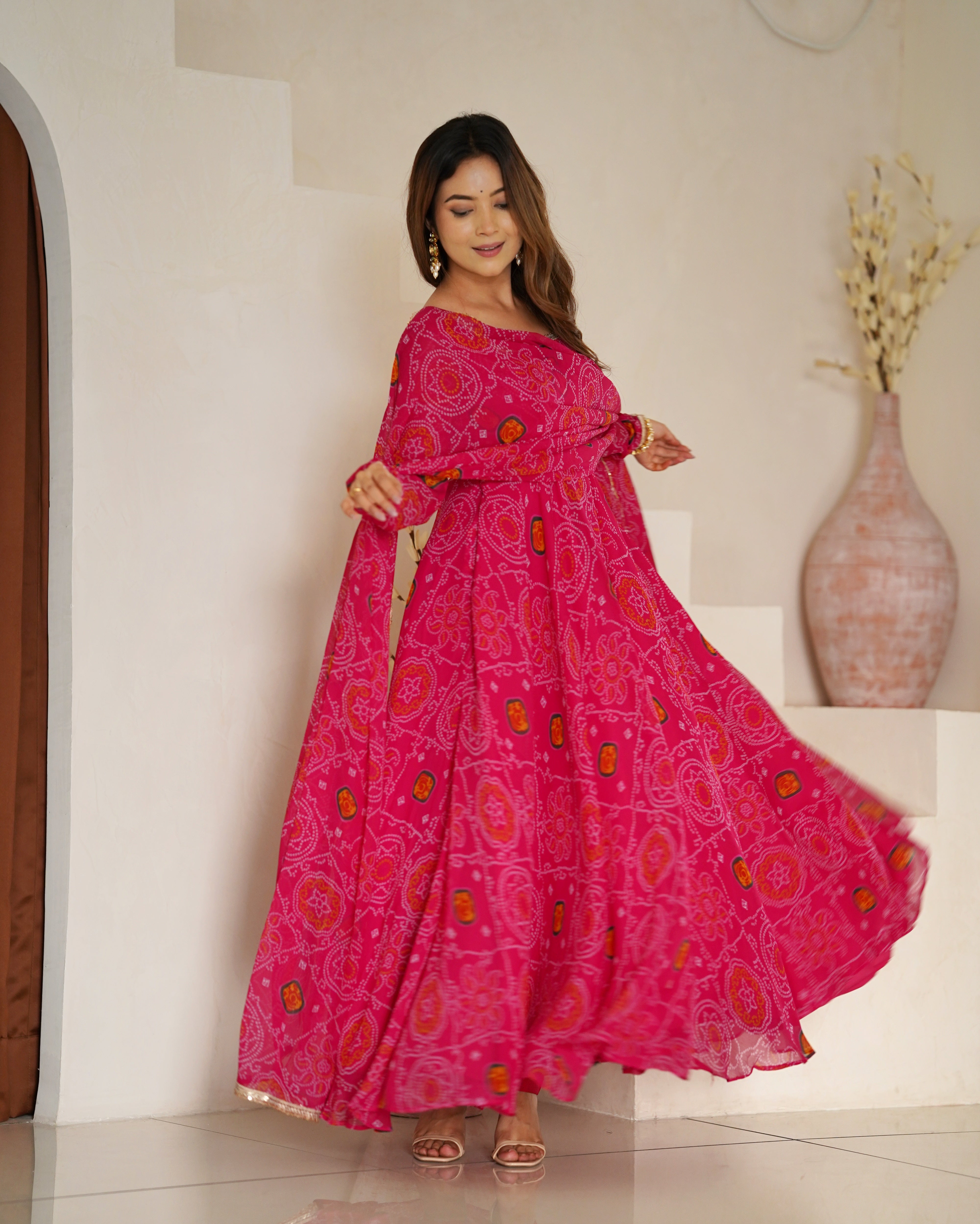 Stylish Pure Chiffon Intricate Bandhej Printed Anarkali Pant Suit