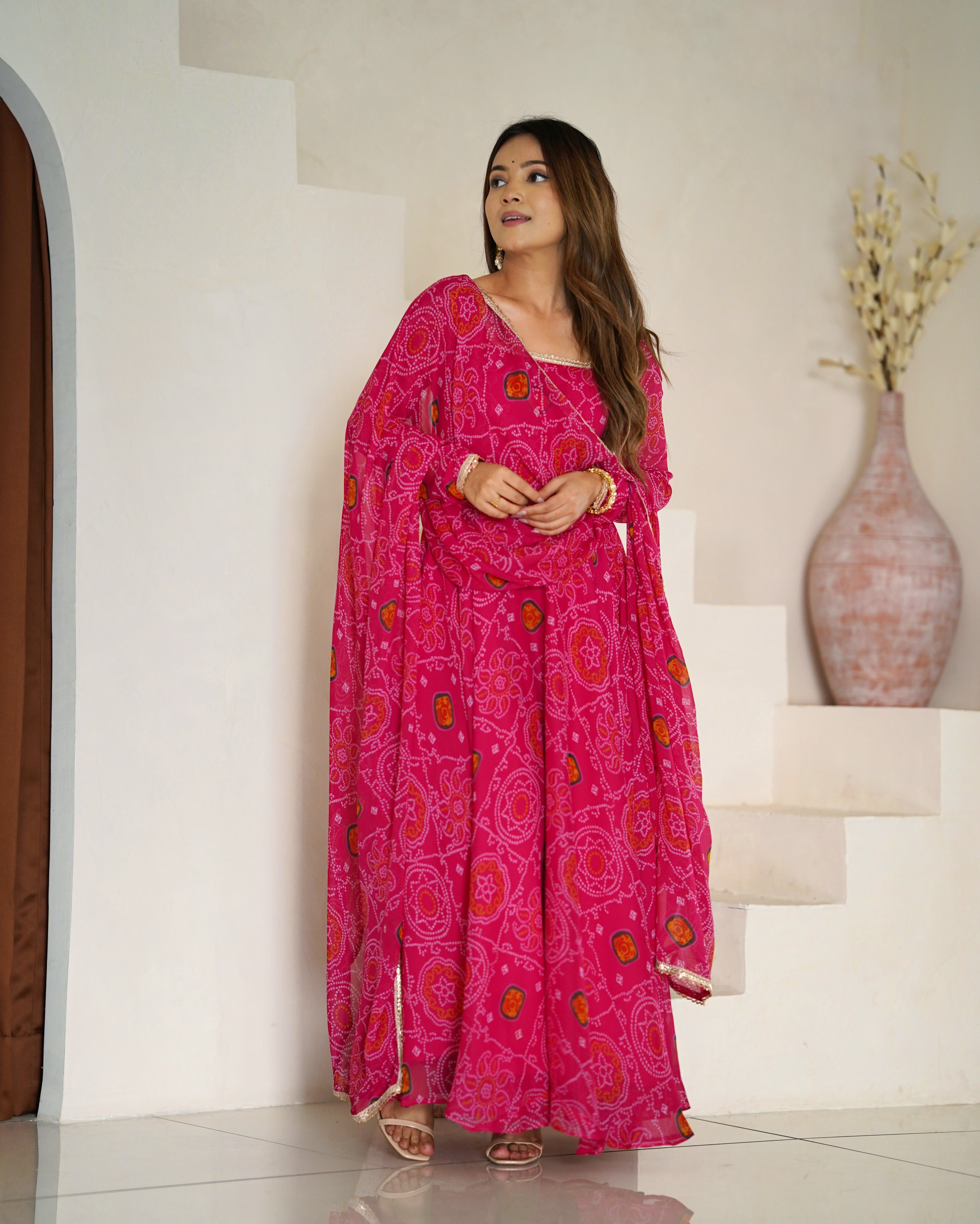 Stylish Pure Chiffon Intricate Bandhej Printed Anarkali Pant Suit