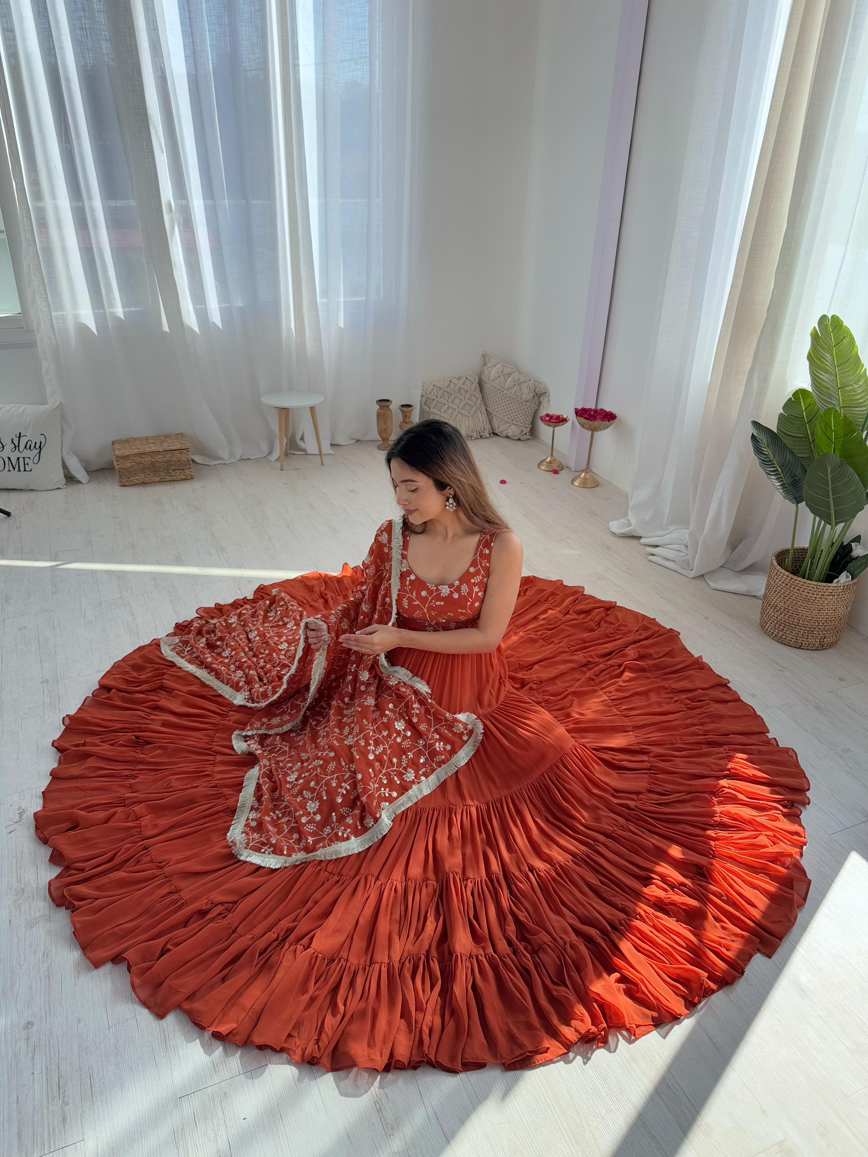 Regal Elegance in Every Twirl – Premium Rust Anarkali Set