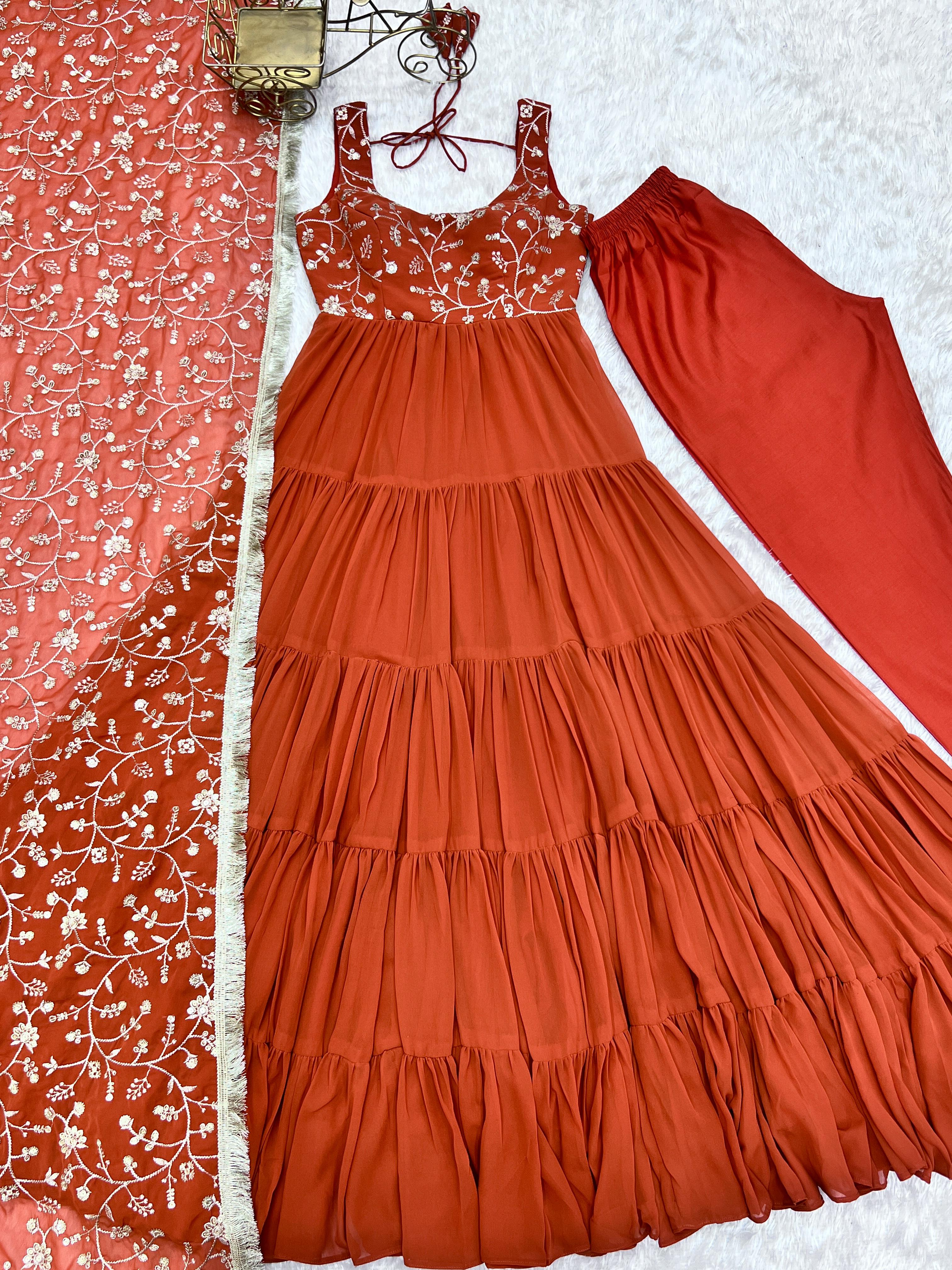 Regal Elegance in Every Twirl – Premium Rust Anarkali Set