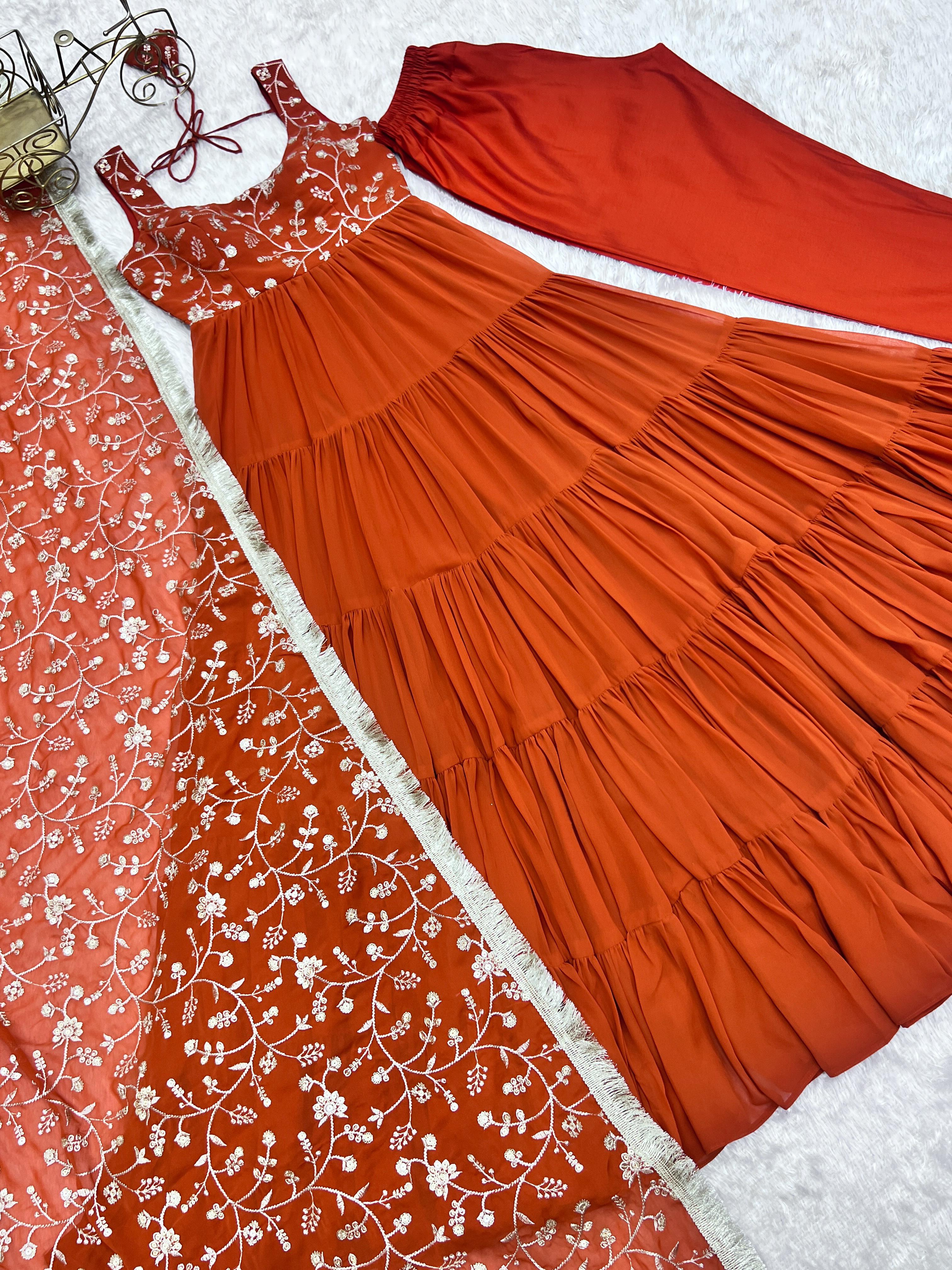 Regal Elegance in Every Twirl – Premium Rust Anarkali Set
