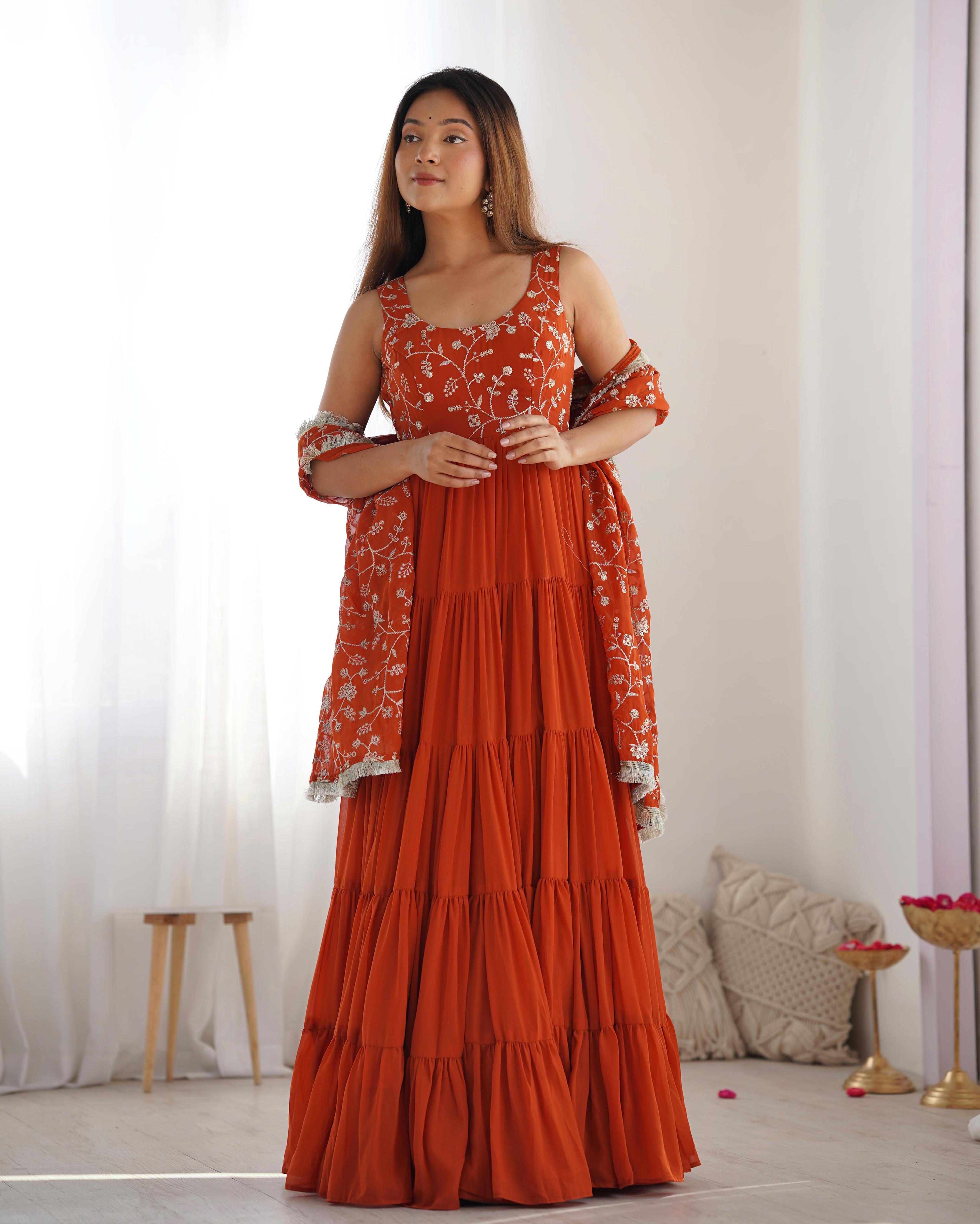 Regal Elegance in Every Twirl – Premium Rust Anarkali Set