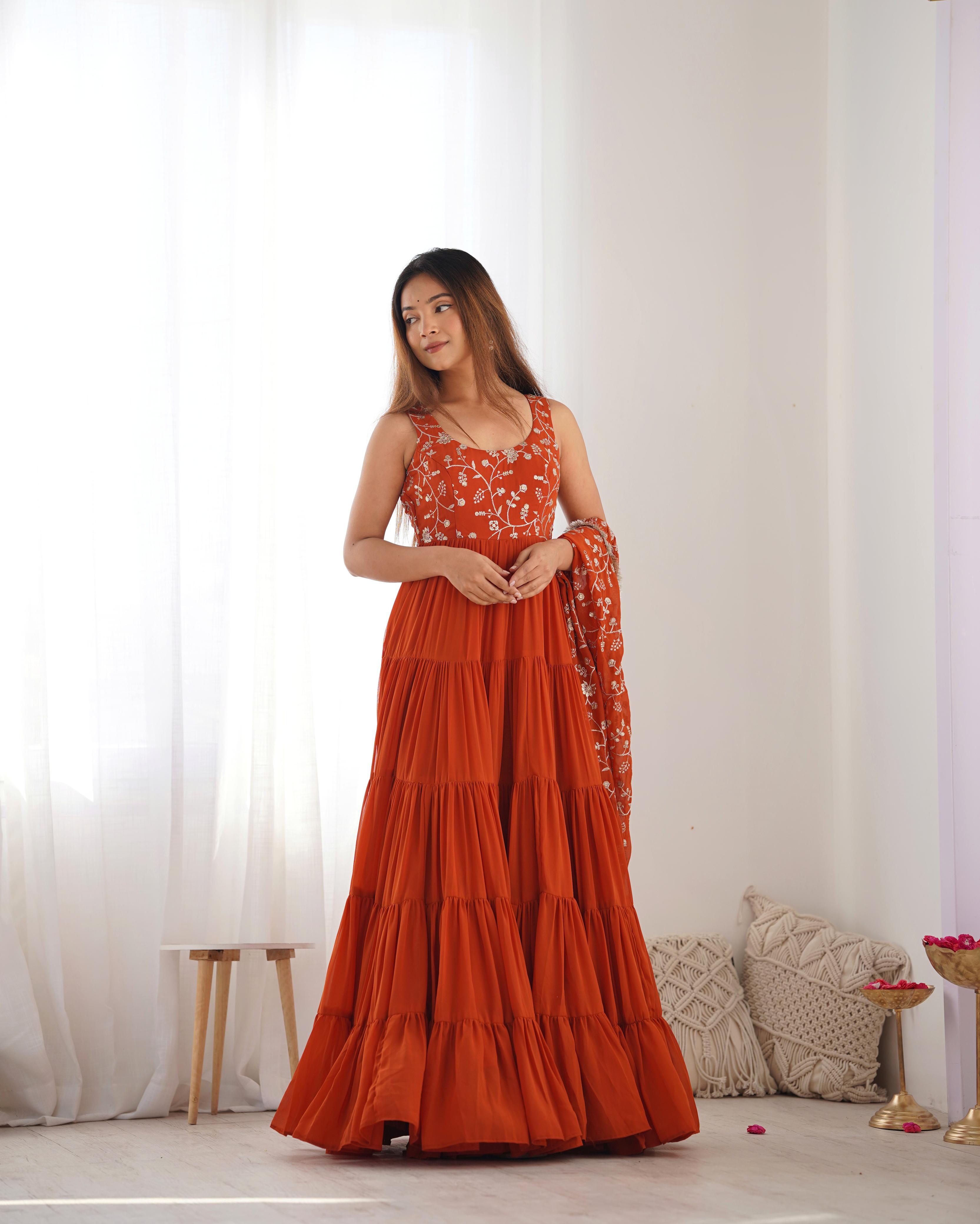 Regal Elegance in Every Twirl – Premium Rust Anarkali Set