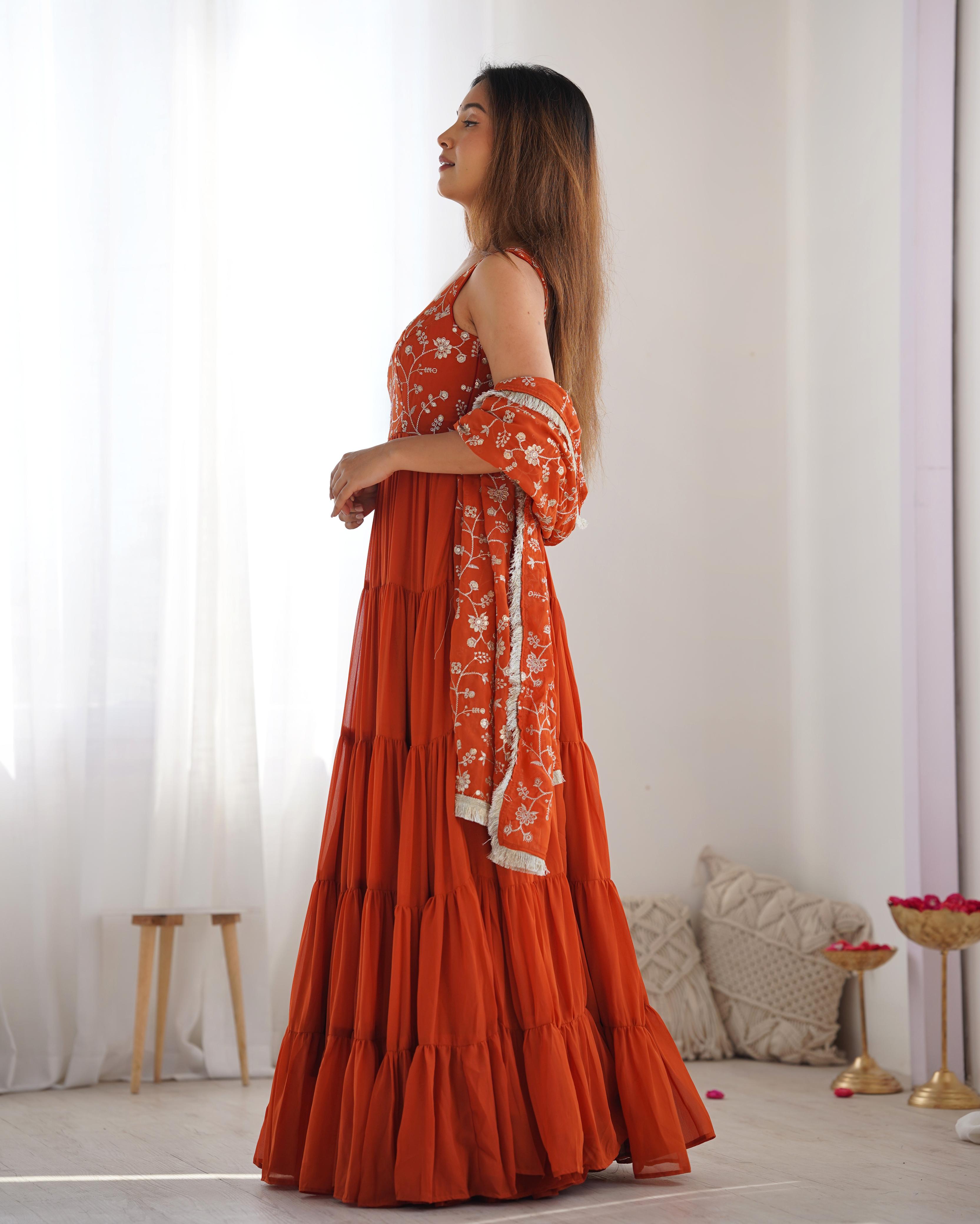 Regal Elegance in Every Twirl – Premium Rust Anarkali Set