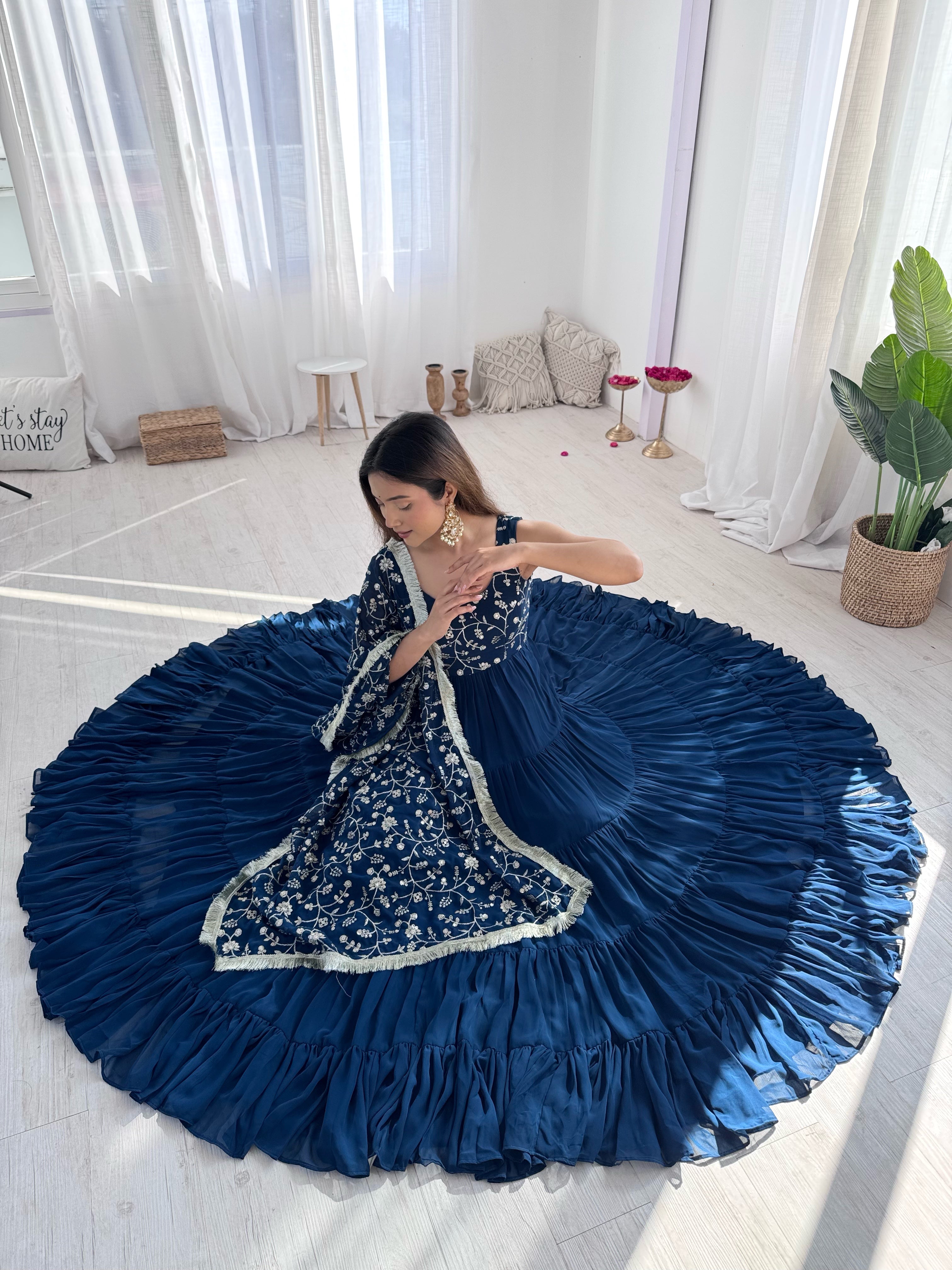 Regal Elegance in Every Twirl – Premium Teal Blue Anarkali Set