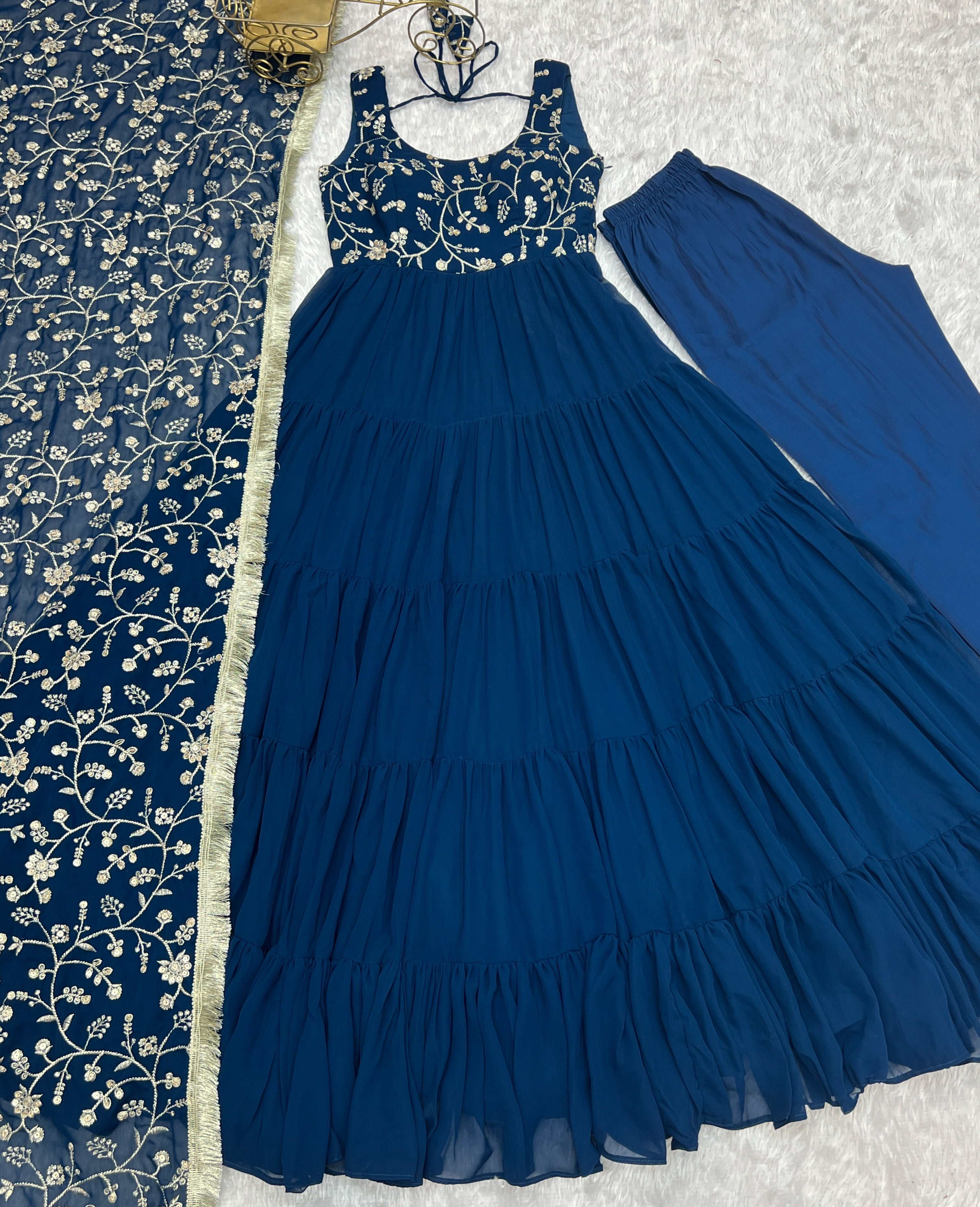 Regal Elegance in Every Twirl – Premium Teal Blue Anarkali Set