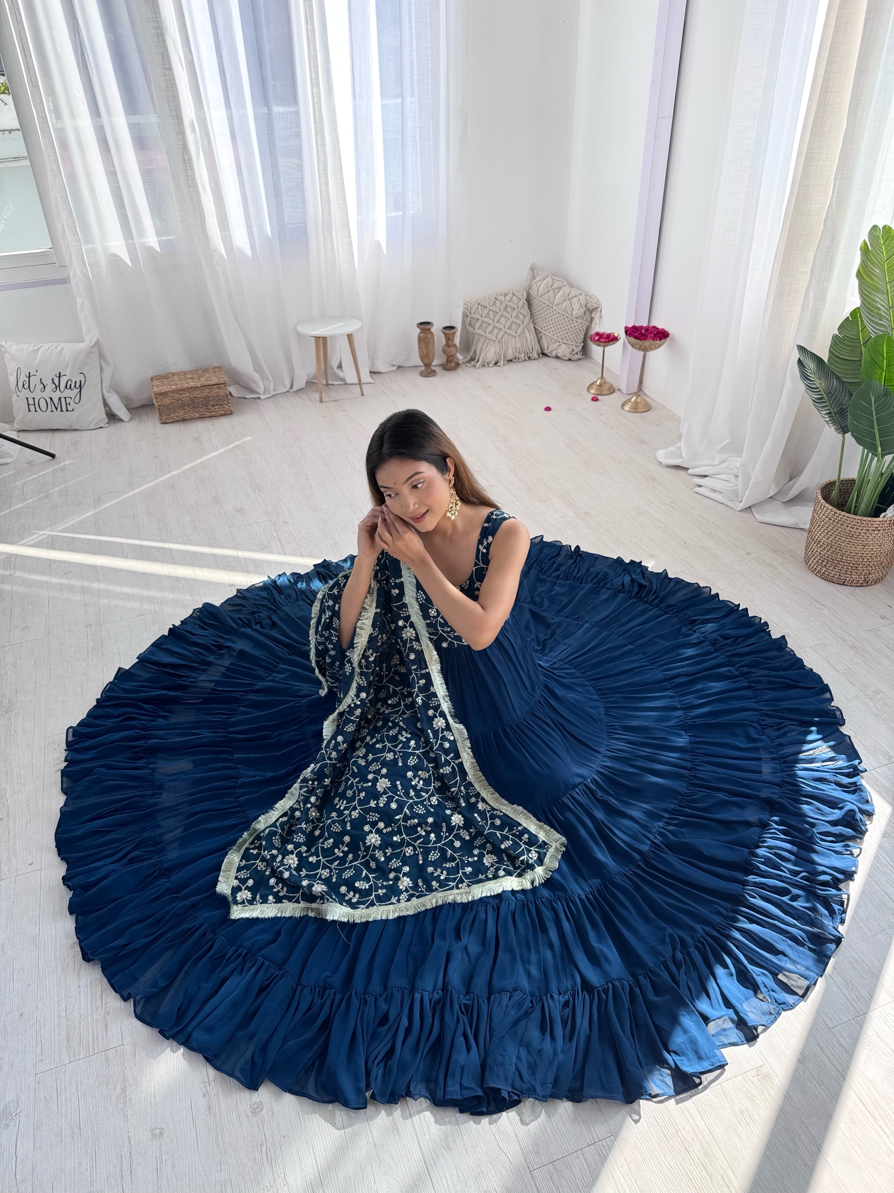 Regal Elegance in Every Twirl – Premium Teal Blue Anarkali Set