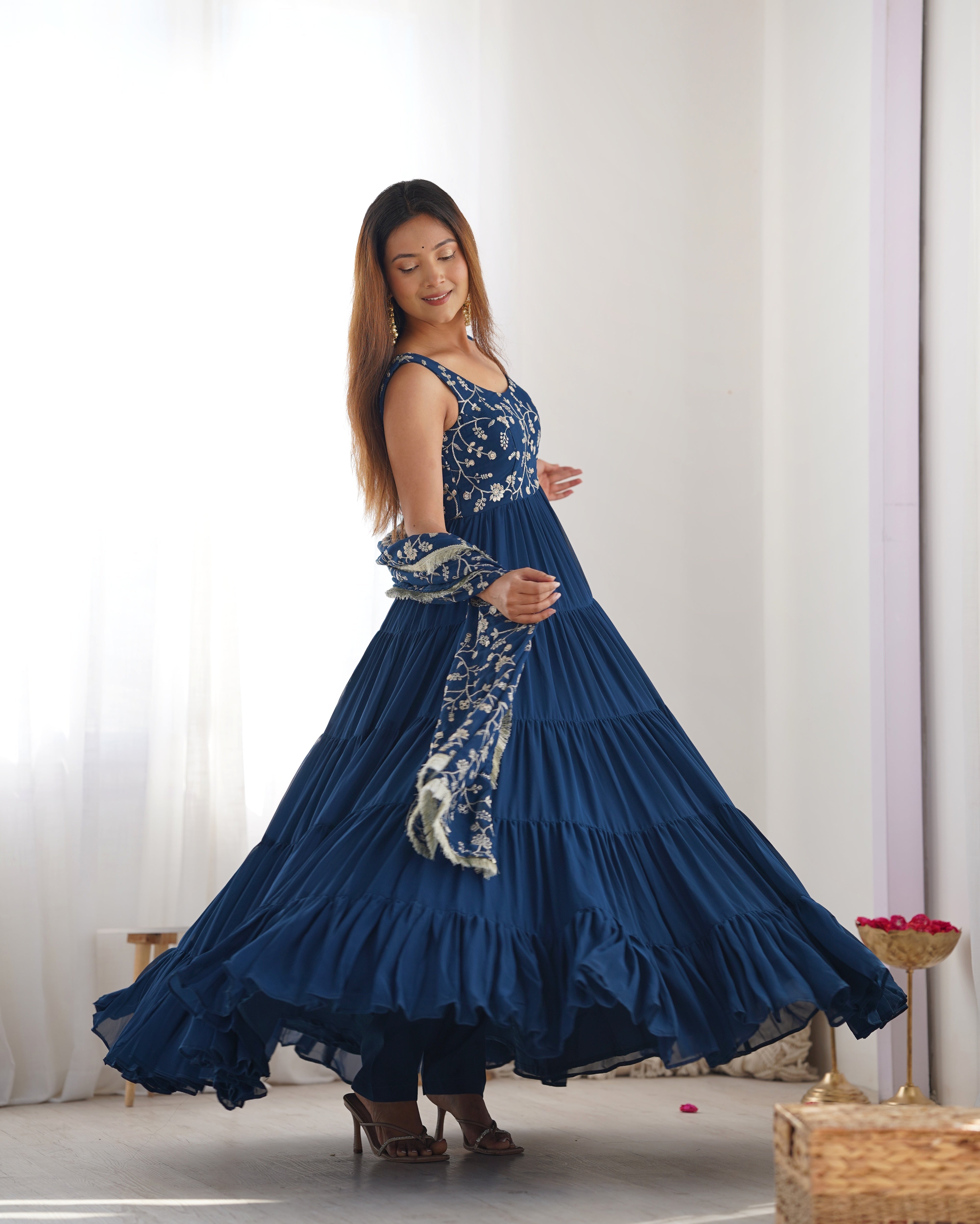 Regal Elegance in Every Twirl – Premium Teal Blue Anarkali Set