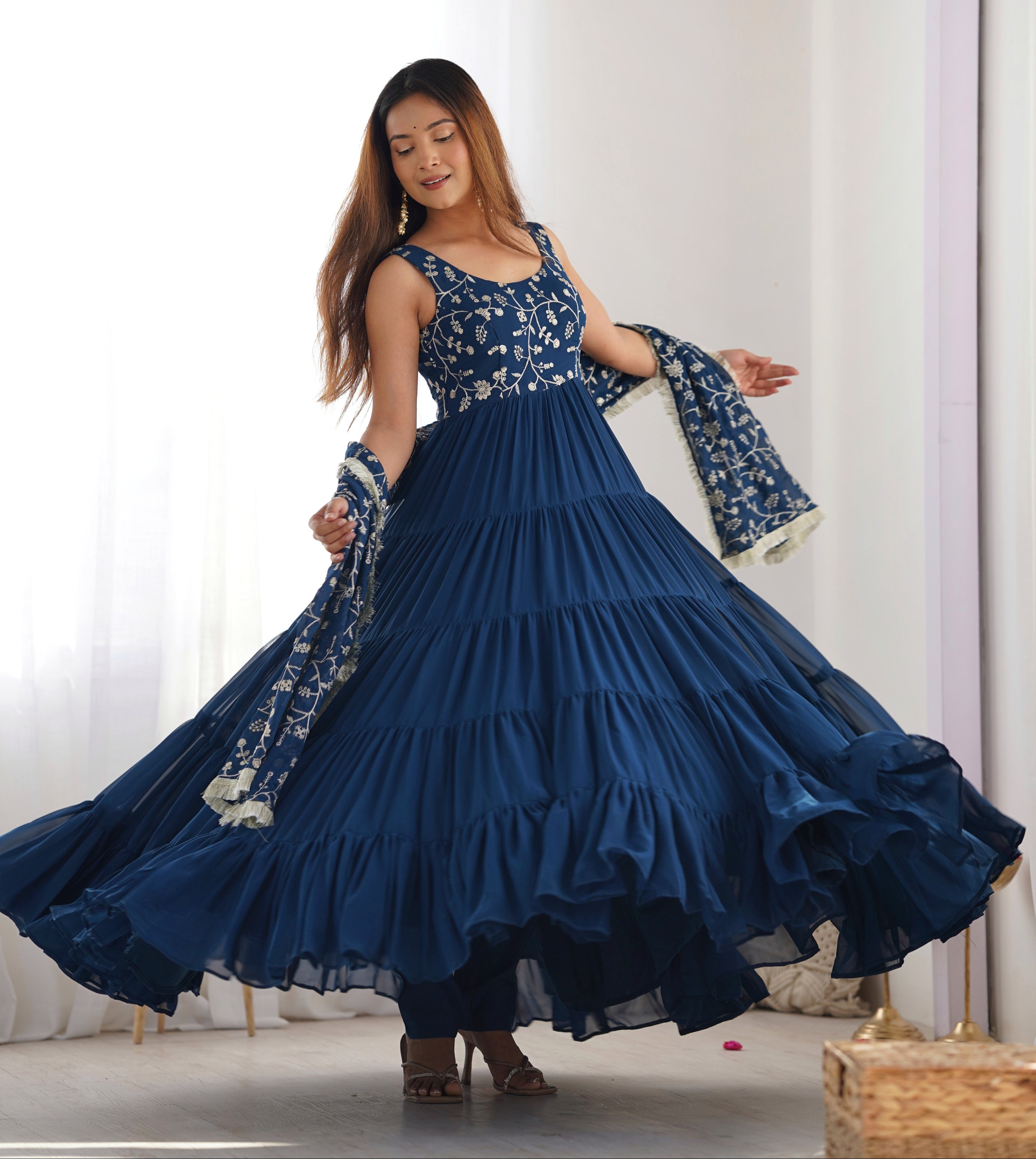 Regal Elegance in Every Twirl – Premium Teal Blue Anarkali Set