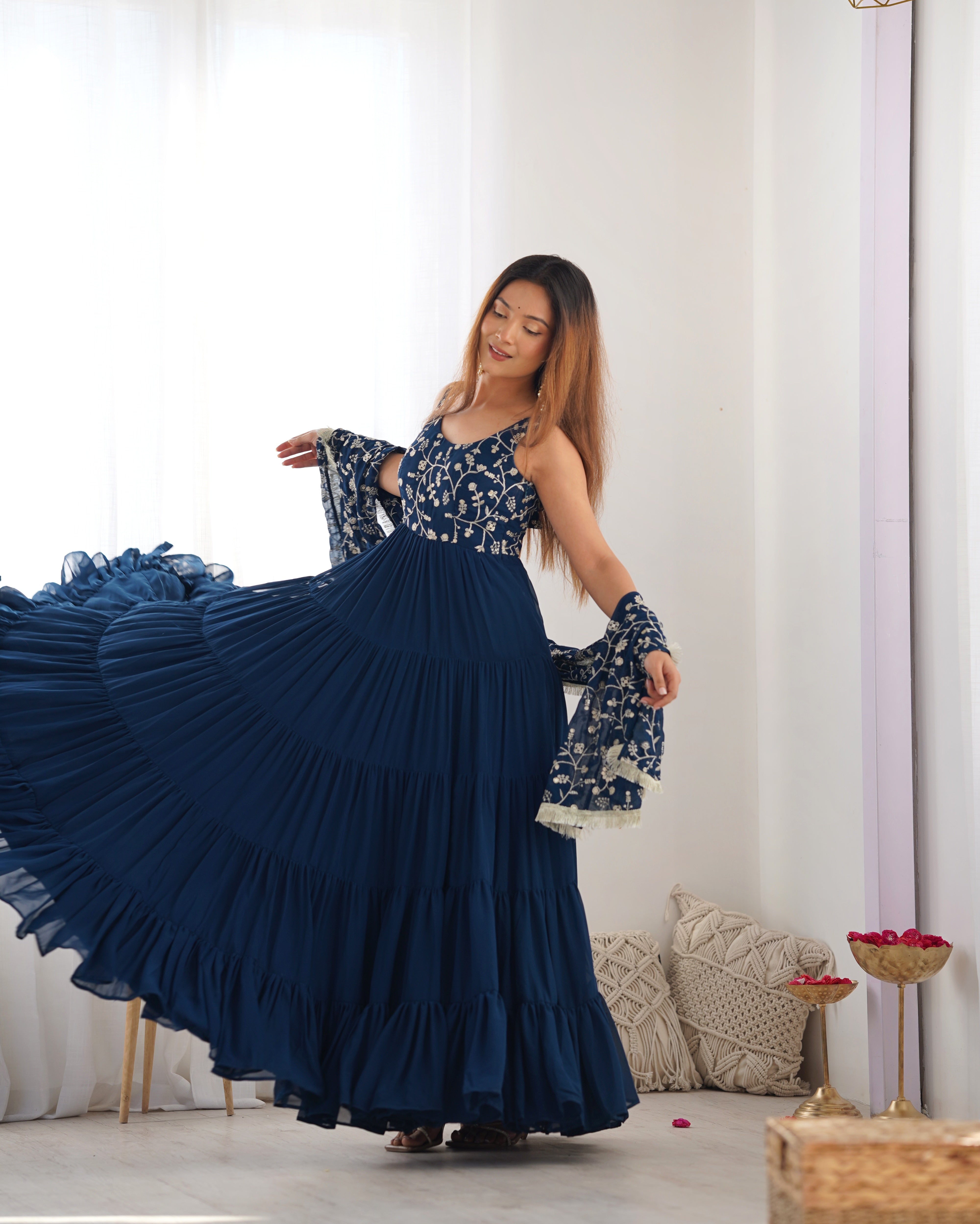 Regal Elegance in Every Twirl – Premium Teal Blue Anarkali Set