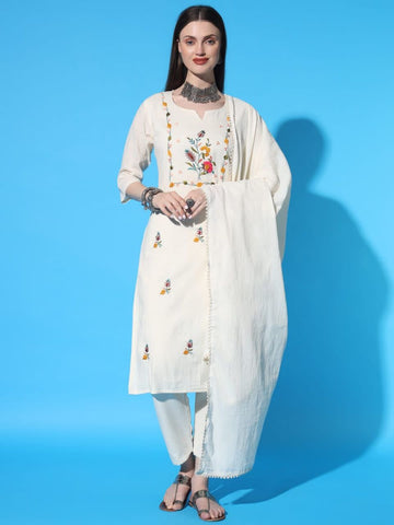 White Linen Straight Fit Kurta Set With Lace Trim for Women