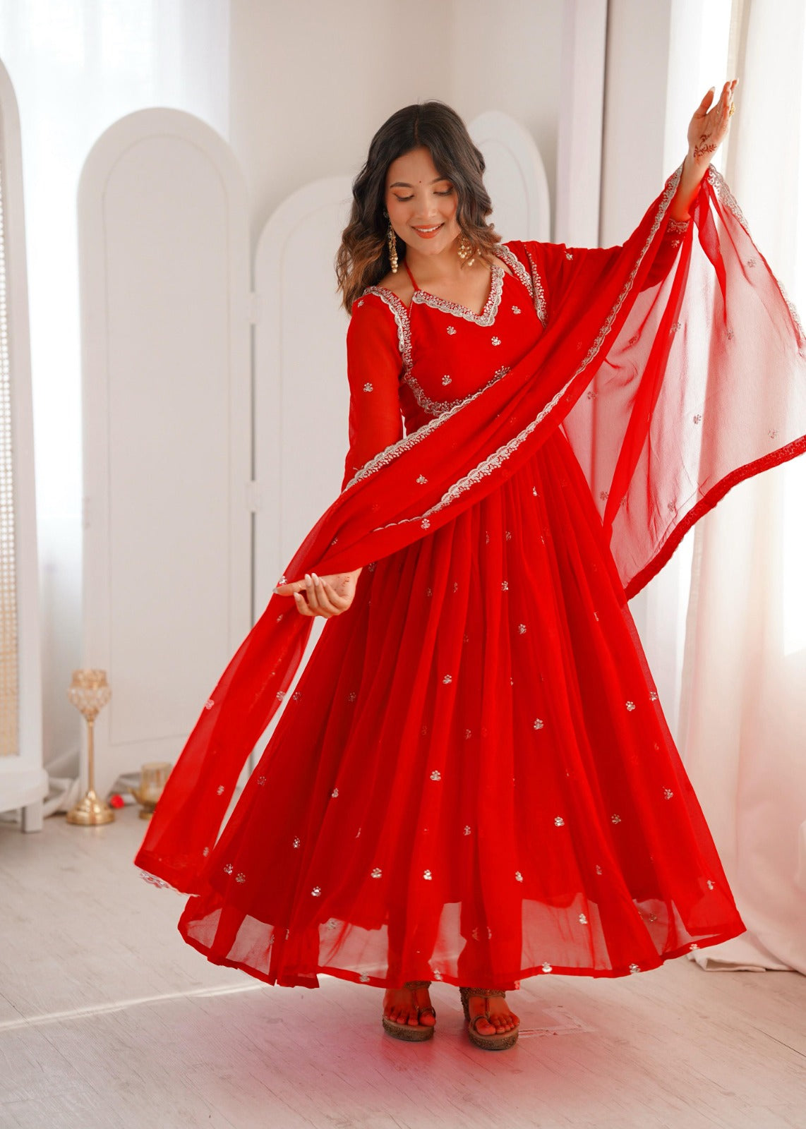 Red Georgette Anarkali Suit Set With Embroidered Dupatta