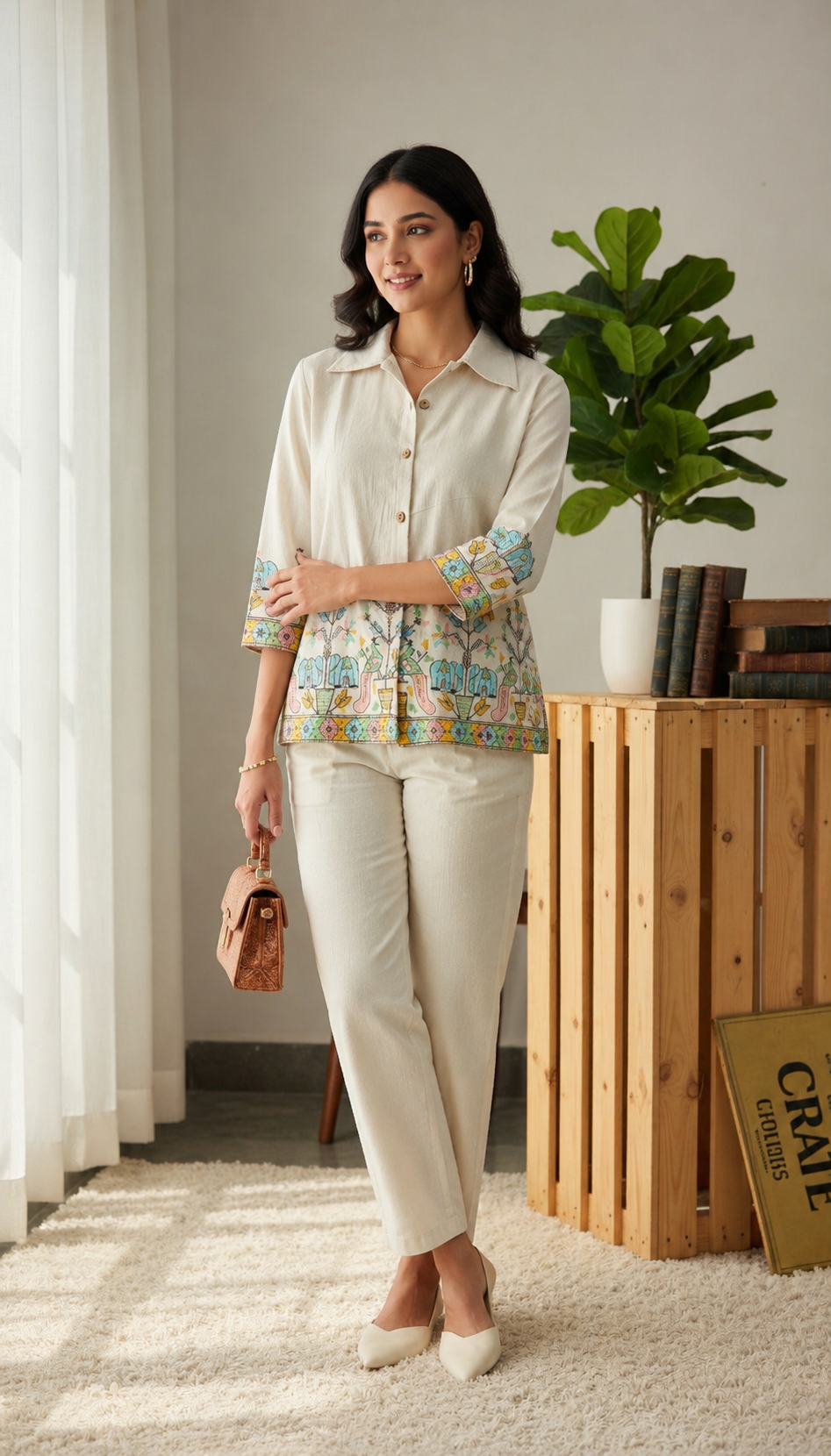 Off White Embroidered Linen Shirt And Pant Set For Women