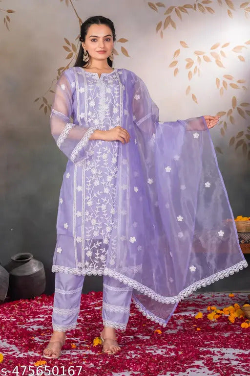 Purple Organza Designer Embroidered Kurti & Dupatta Set