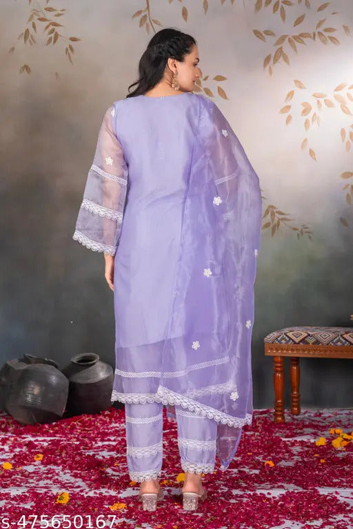 Purple Organza Designer Embroidered Kurti & Dupatta Set