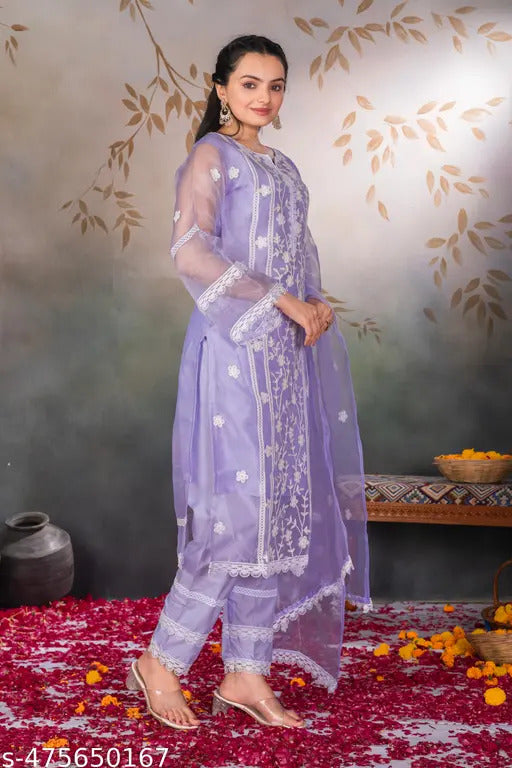 Purple Organza Designer Embroidered Kurti & Dupatta Set