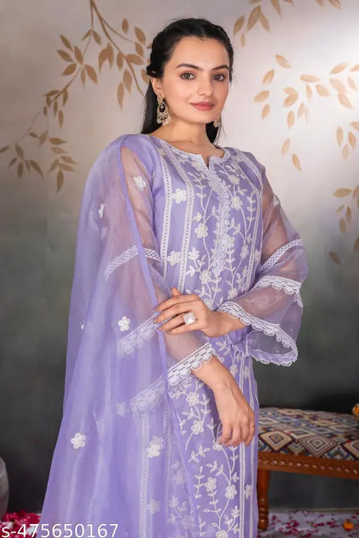 Purple Organza Designer Embroidered Kurti & Dupatta Set