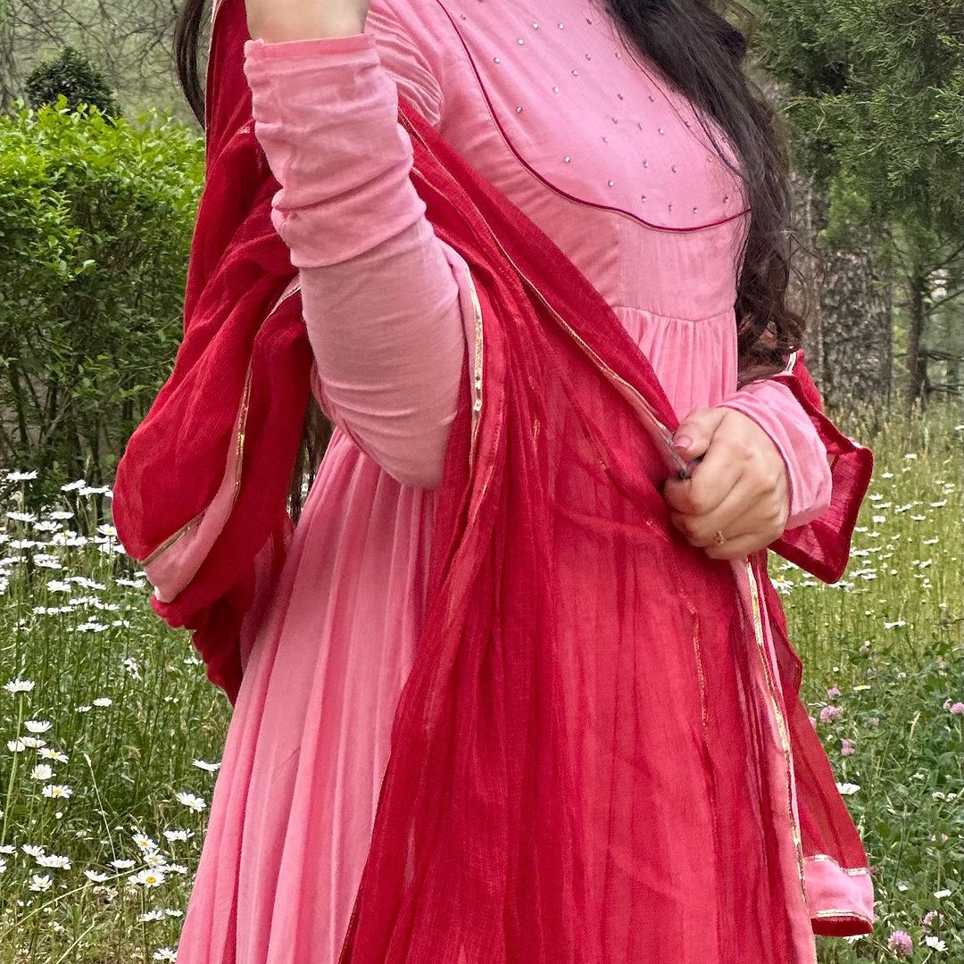 Peach Color Moti Work Long Gown With Dupatta