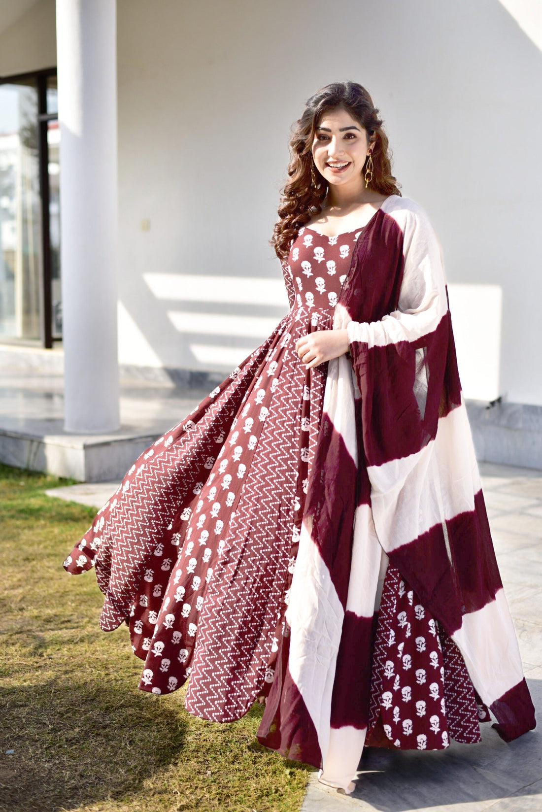 Maroon & White Rayon Glacé Anarkali Maxi Set