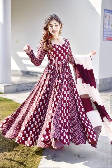 Maroon & White Rayon Glacé Anarkali Maxi Set