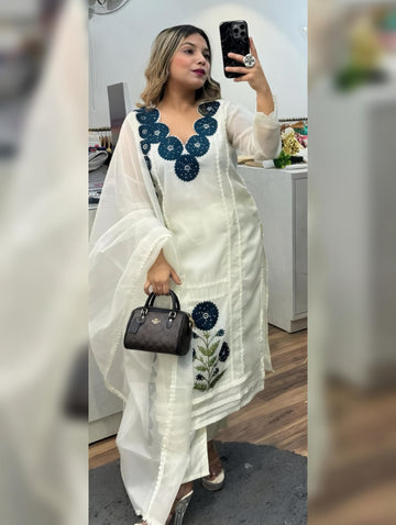 Navy Blue Embroidered Faux Georgette Kurti Pant Set with Dupatta