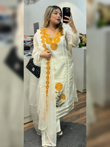 Yellow Embroidered Faux Georgette Kurti Pant Set with Dupatta