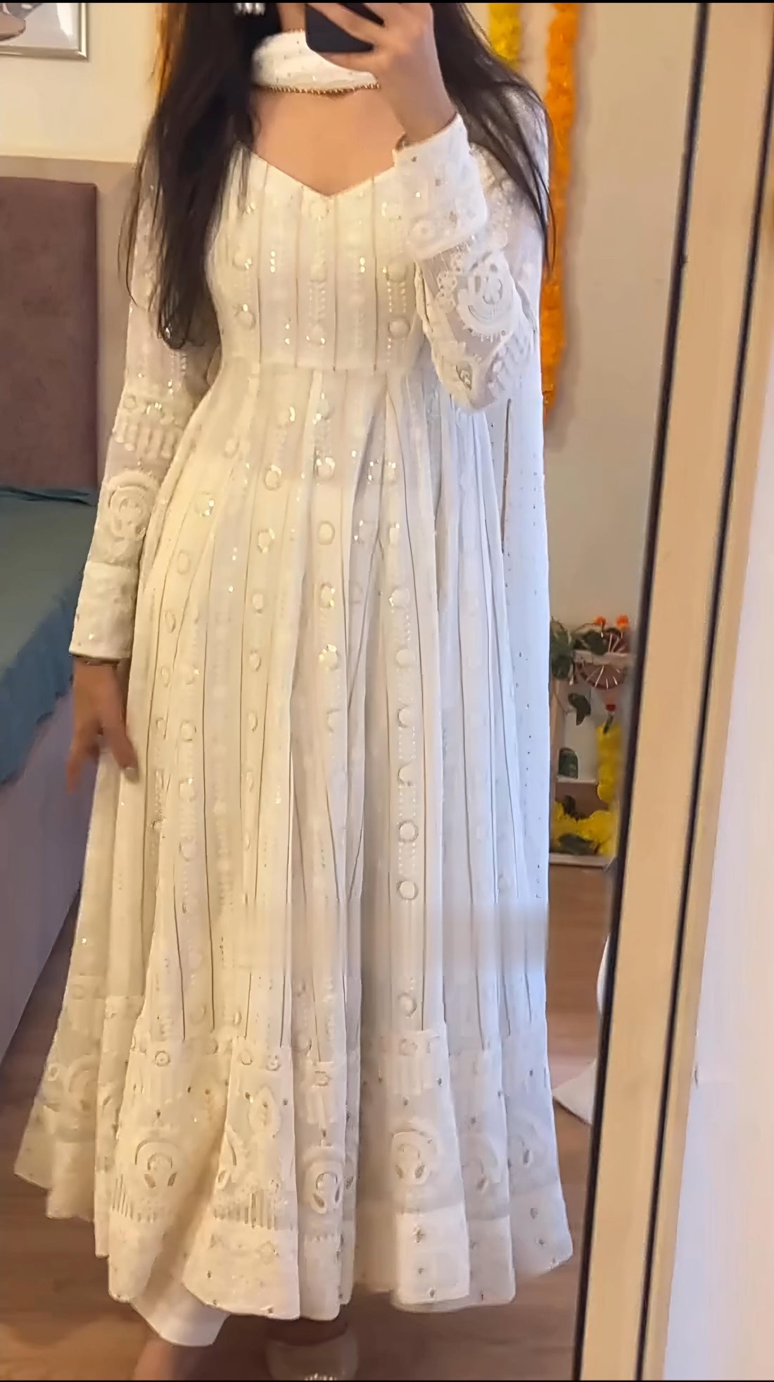 White Embroidered Faux Georgette Anarkali Suit Set