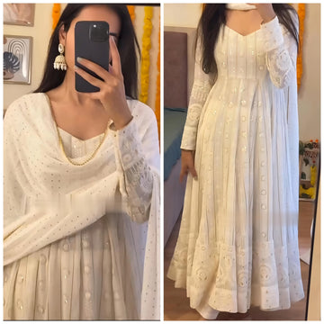 White Embroidered Faux Georgette Anarkali Suit Set