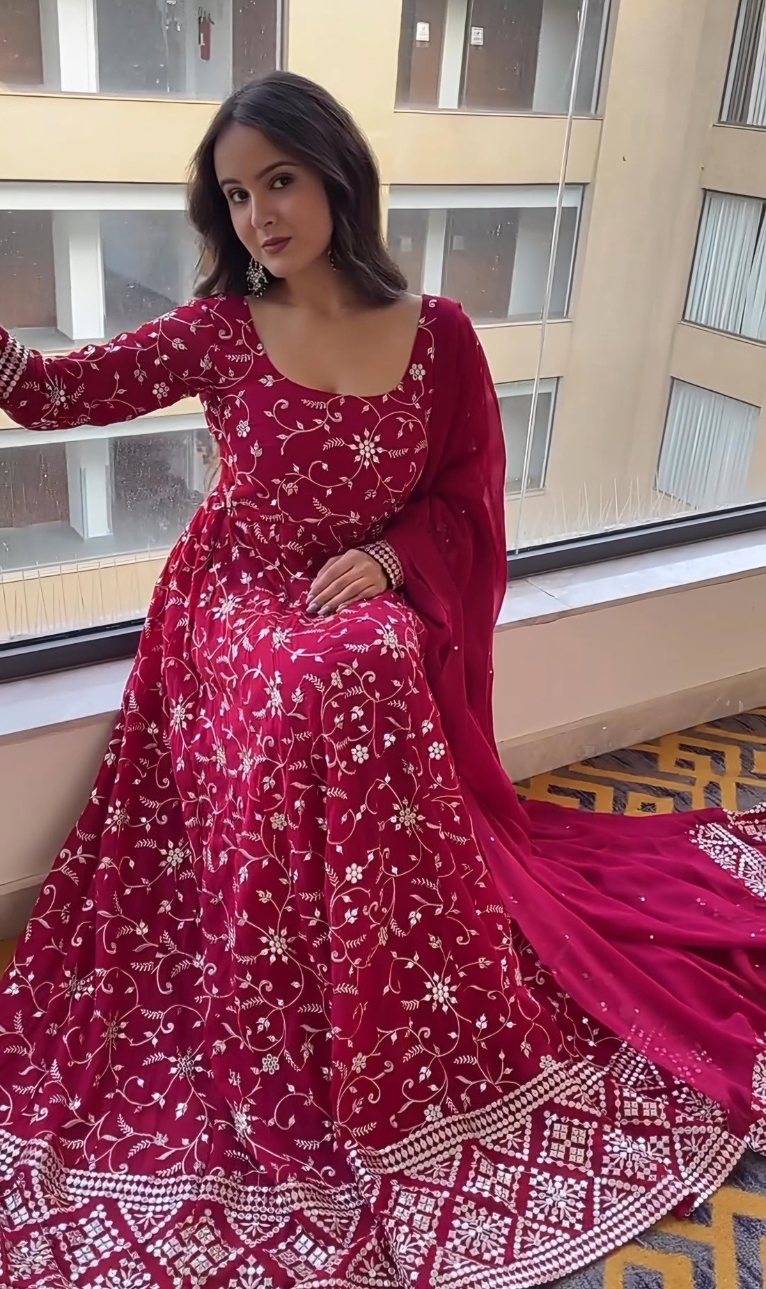 Rani Faux Georgette Sequin Embroidered Anarkali Gown with Dupatta