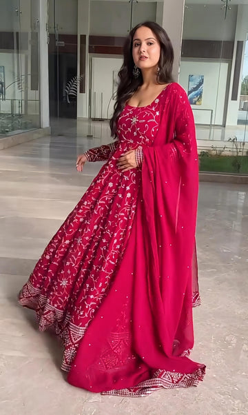 Rani Faux Georgette Sequin Embroidered Anarkali Gown with Dupatta