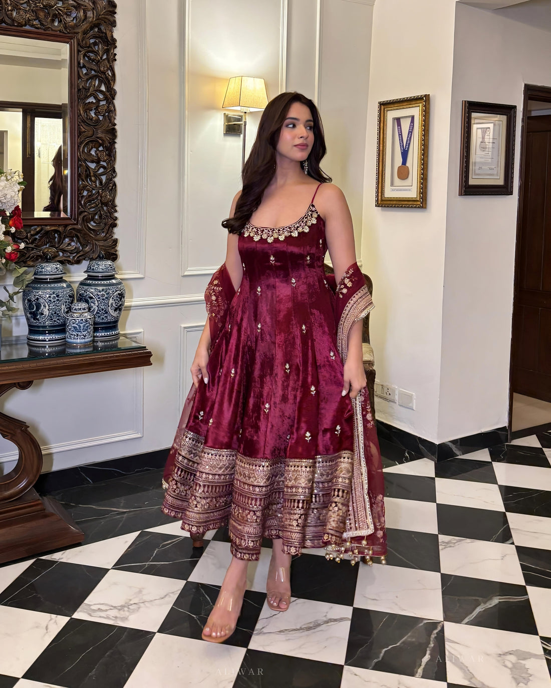 Maroon Vichitra Silk Sequin Embroidered Anarkali Suit Set