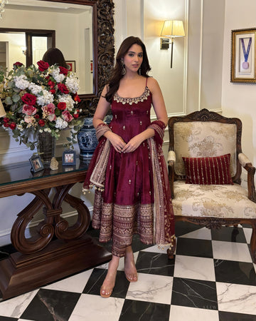 Maroon Vichitra Silk Sequin Embroidered Anarkali Suit Set
