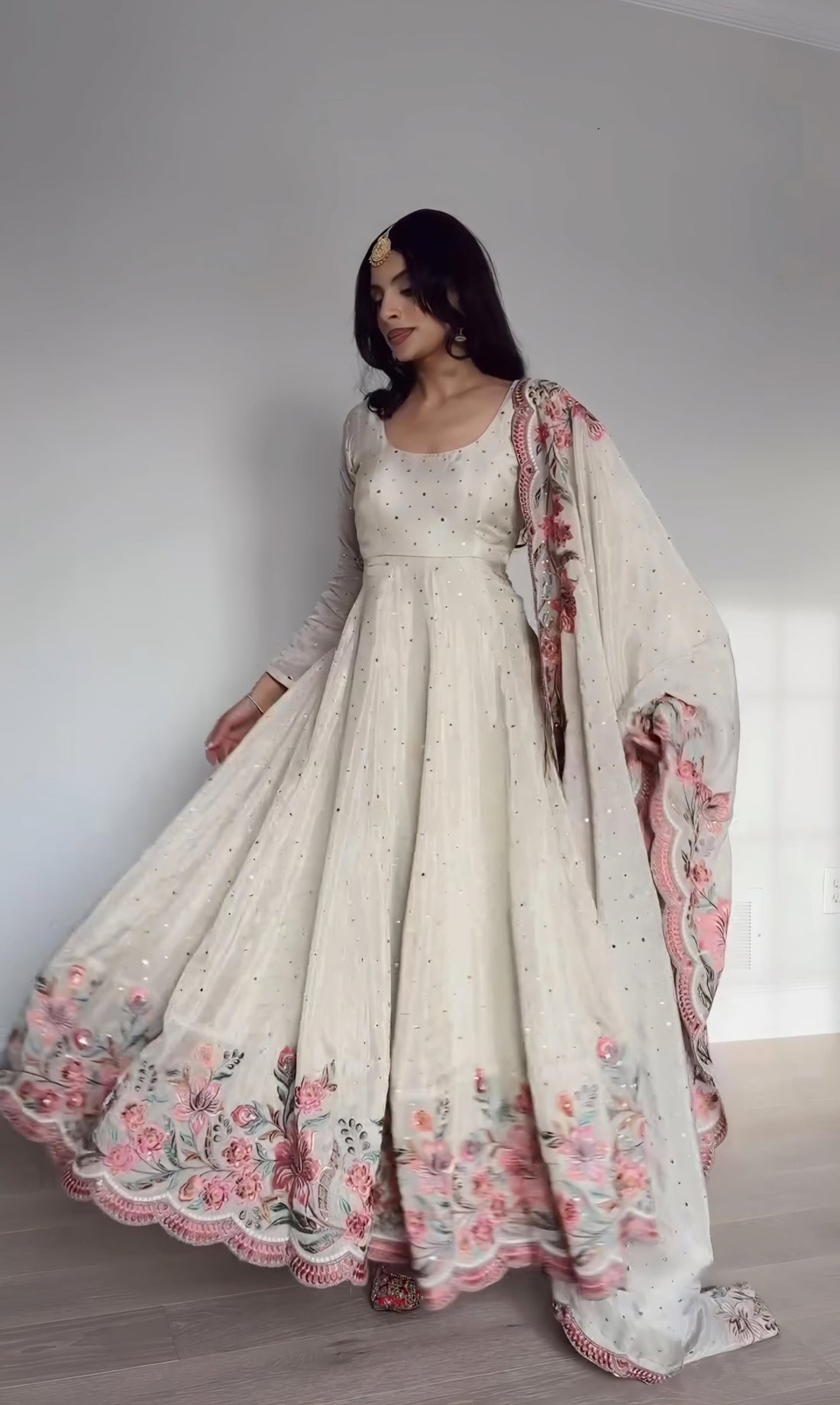 White Vichitra Silk Sequin Embroidered Anarkali Suit Set