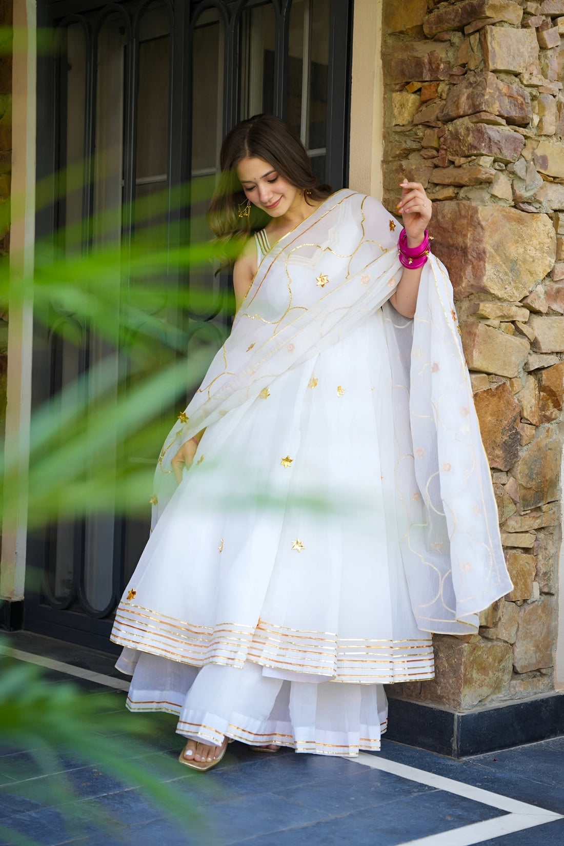White Faux Georgette Glint Anarkali Set with Dupatta