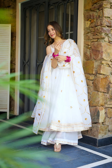 White Faux Georgette Glint Anarkali Set with Dupatta