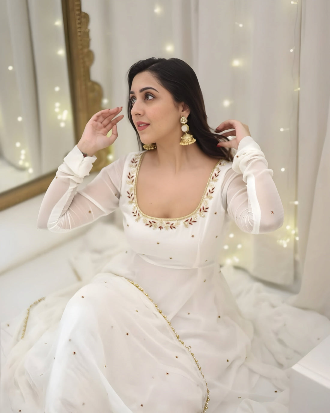 White Beads Embroidered Faux Georgette Anarkali Suit Set