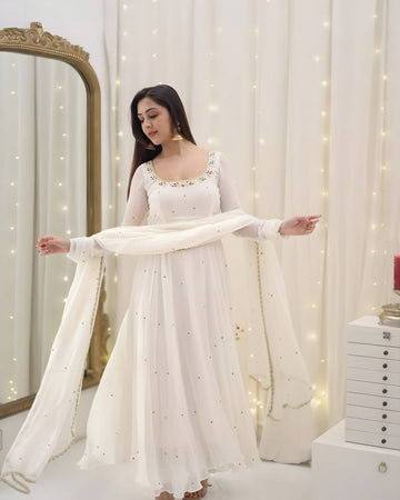 White Beads Embroidered Faux Georgette Anarkali Suit Set