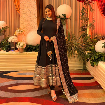 Black Rayon Silk Slit Embroidered Anarkali Suit Set