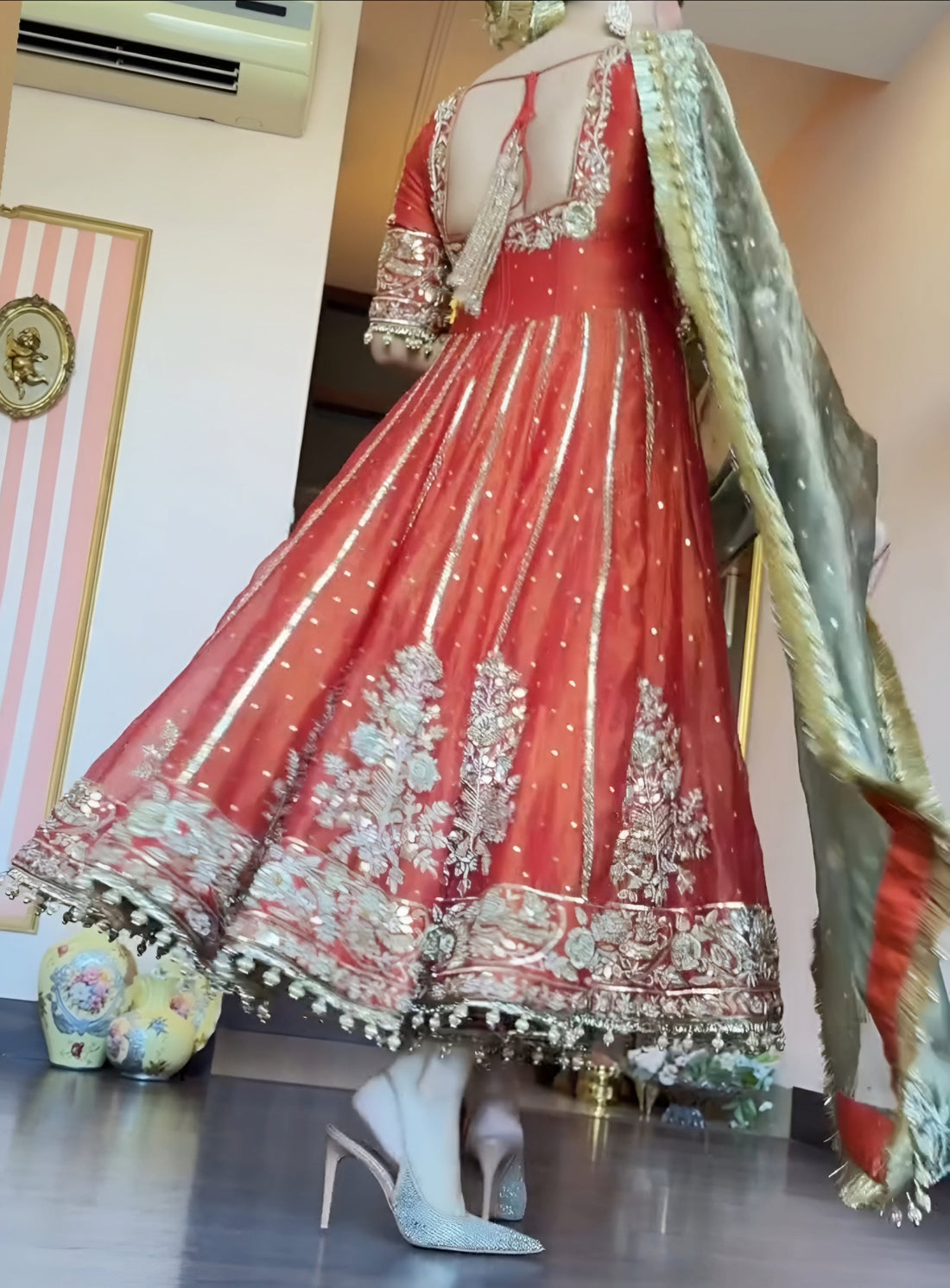 Orange Shades Fandy Satin Slit Anarkali Suit Set