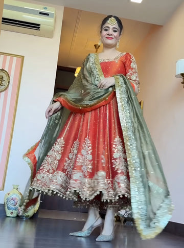 Orange Shades Fandy Satin Slit Anarkali Suit Set