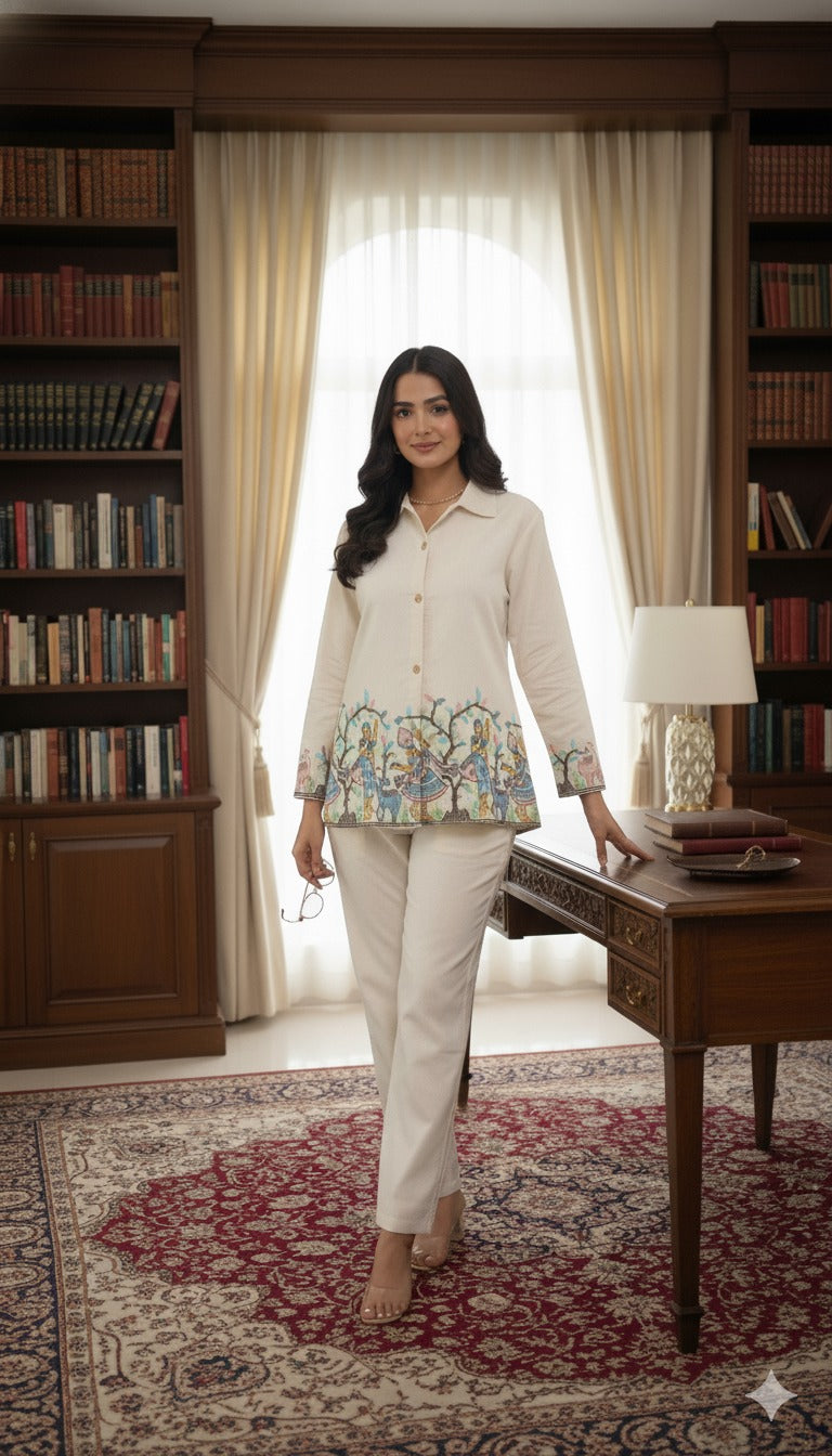 Cream Linen Embroidered Collar Top And Pant Co Ord Set for Women