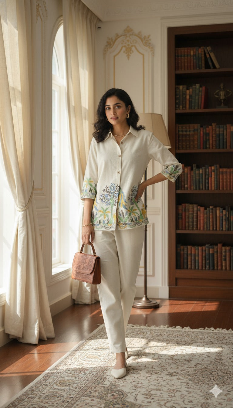 Cream Embroidered Floral Silk Co Ord Set for Women
