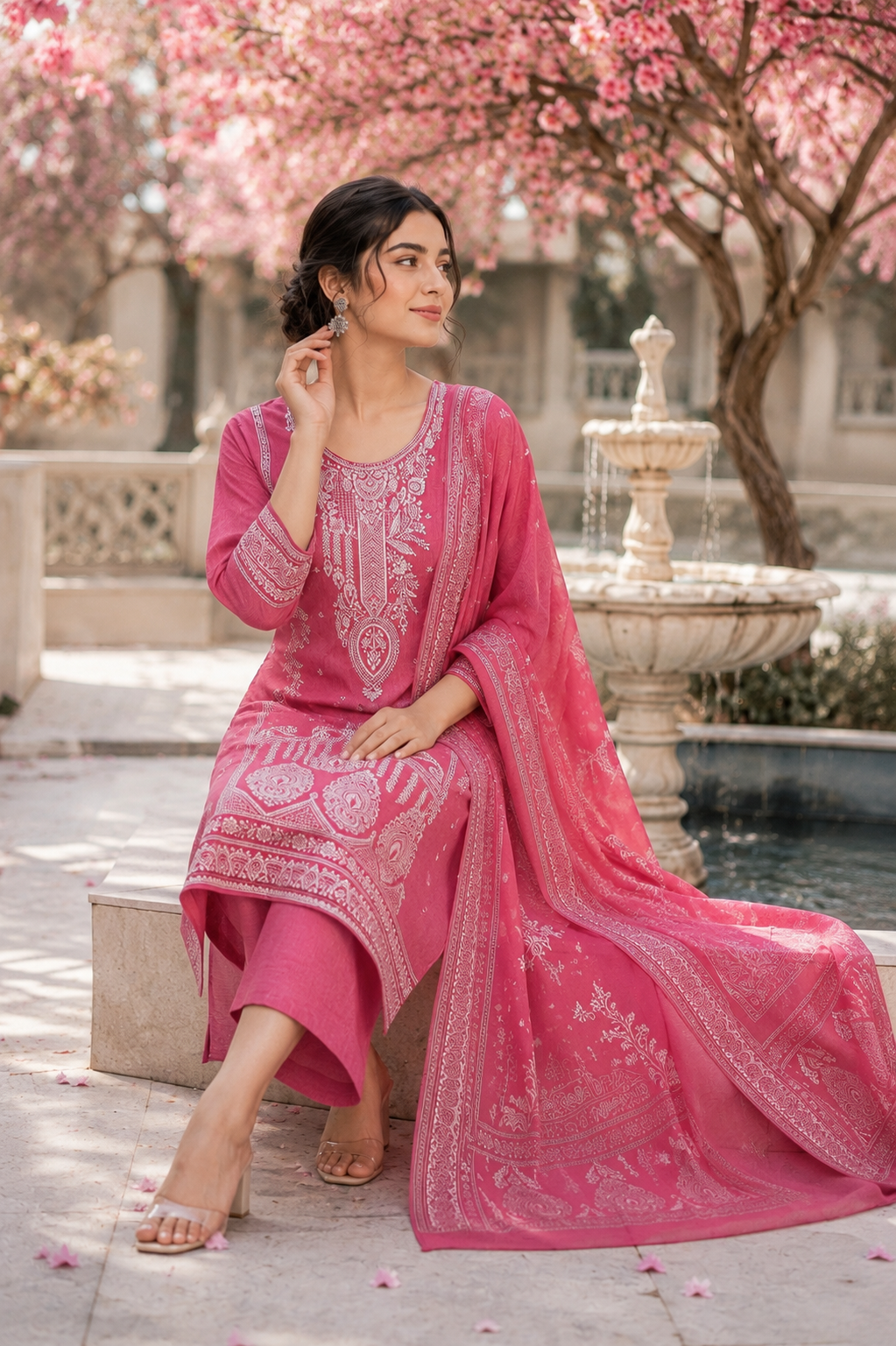 Rani pink cotton linen kurta set for women